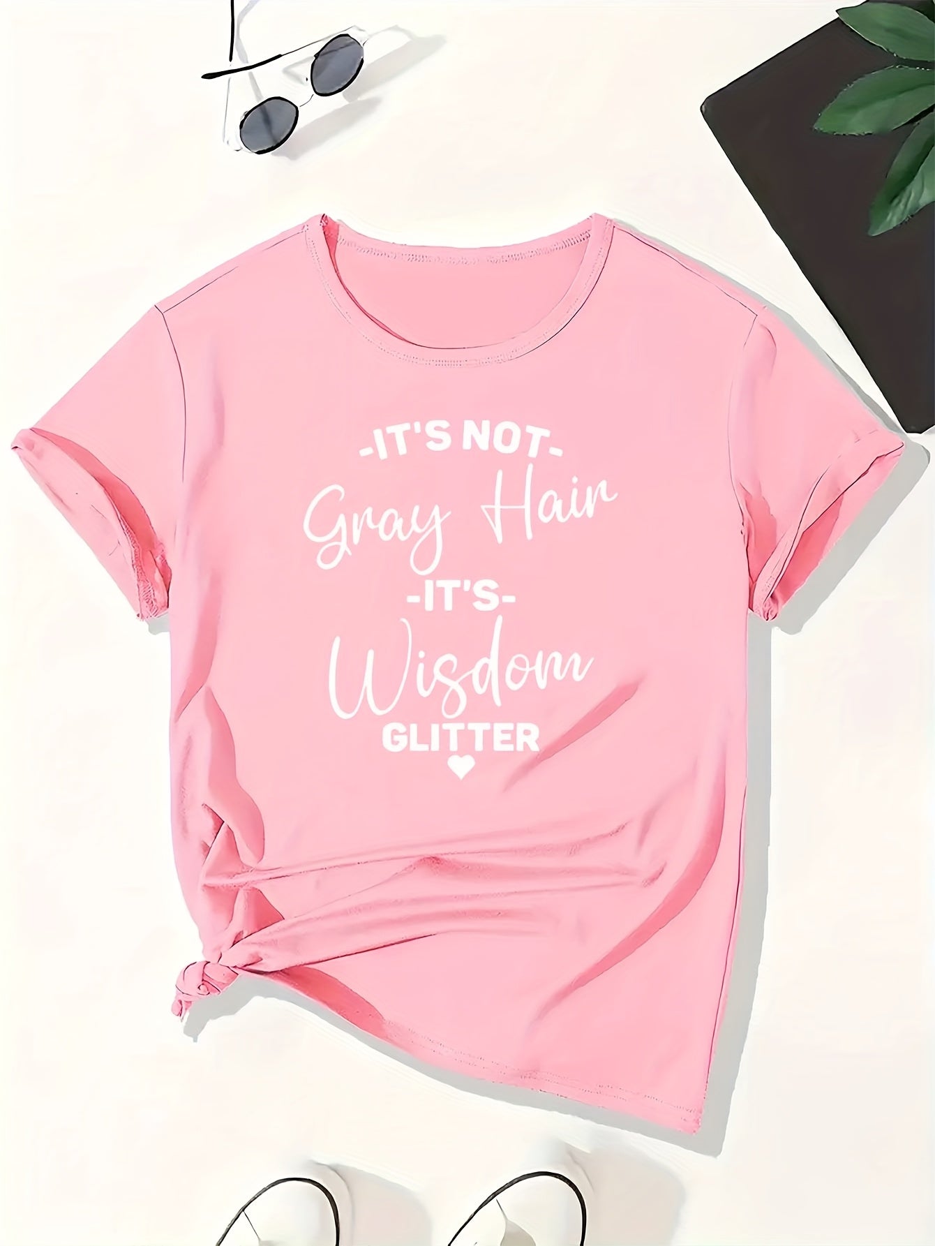 Women's Funny Saying T-Shirt - "It's Not Gray Hair It's Wisdom Glitter" Graphic Tee in Navy Blue - Plus Size Casual Everyday Shirt - Lightweight Everyday Top for Women, Ladies T Shirts, Humorous Apparel, Drop Shoulder, Easy Care, Statement Top, Confident