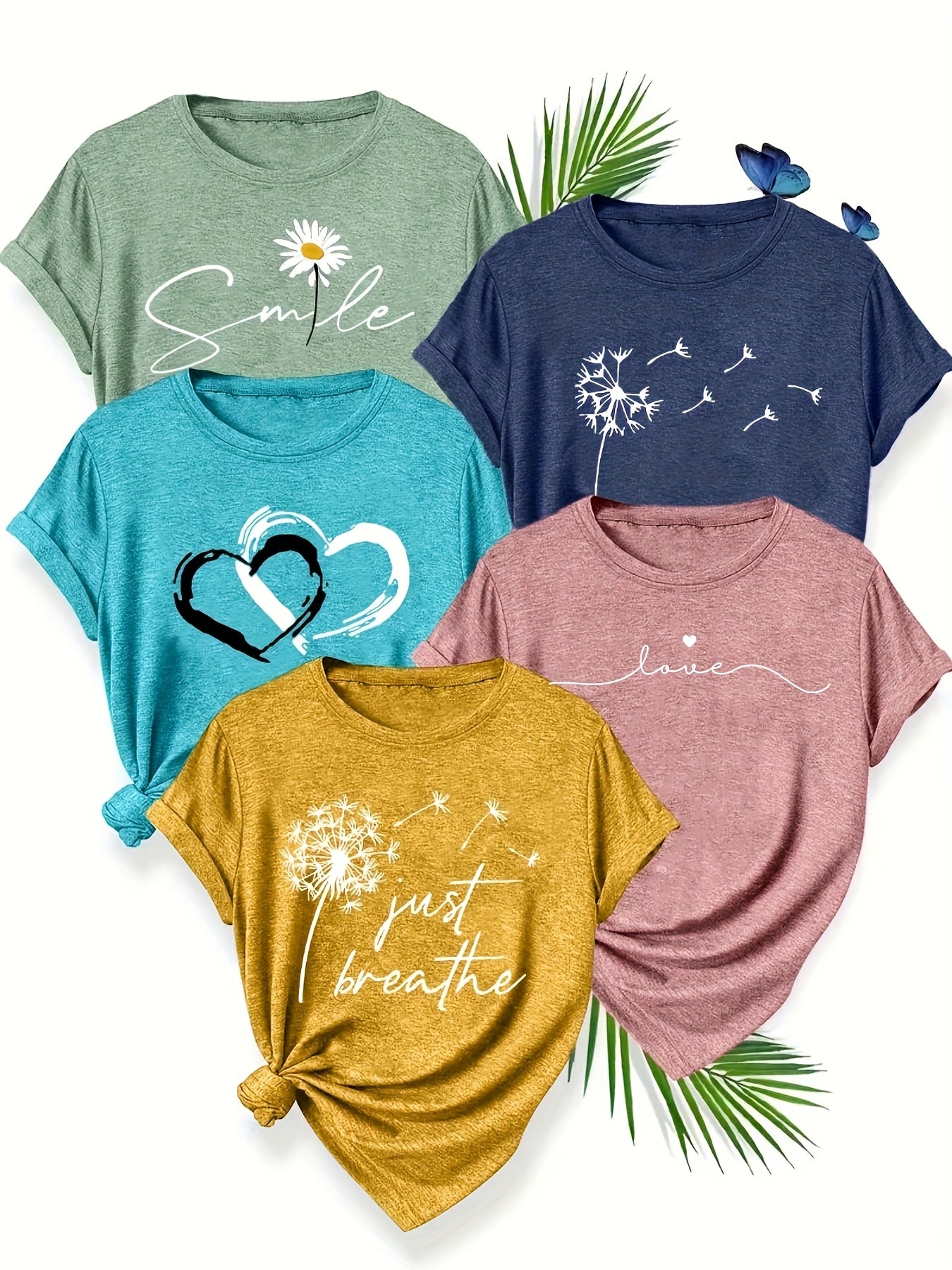 [5pcs Casual T-Shirts] 5pcs Women's Casual Short Sleeve T-Shirts | Breathable Machine-Washable Fabric, Geometric Print Tees with Dandelion, Floral & Bird Designs, 5 Color Options, Comfortable Fit, Artistic Design, Everyday Outfit, Printed Tops, Adults