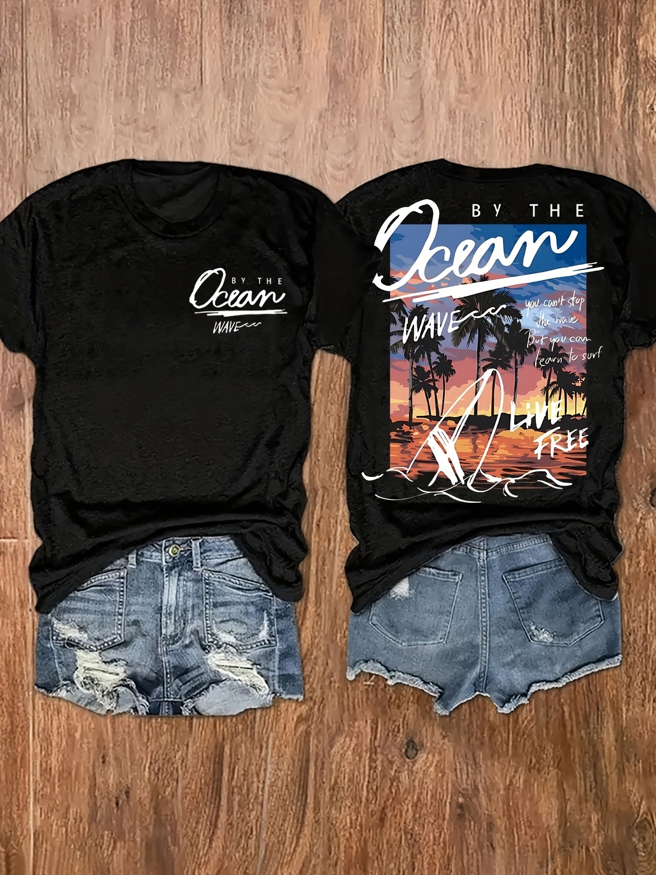 Women's Beach & Palm Tree Graphic Print T-Shirt - Short Sleeve Crew Neck Casual Top with "Ocean Wave Freedom" Design, Medium Stretch, Machine Washable, Black, All-Season Comfort, Summer Apparel, Sunset Design Shirt, Mediumstretch Fabric