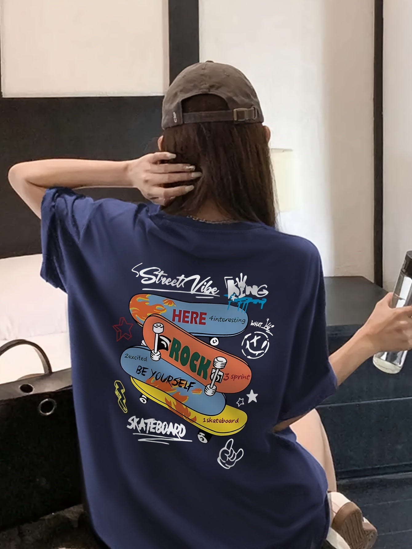 Women's Summer Casual Skateboard Graphic Print T-Shirt - Loose Fit Longline Top with Cartoon Design, Light Yellow Round Neck Short Sleeve Tee for Streetwear & Everyday Outfits, Outfit Addition, Durable Fabric, Relaxed Fit, Easy Care, Print Shirt, Women