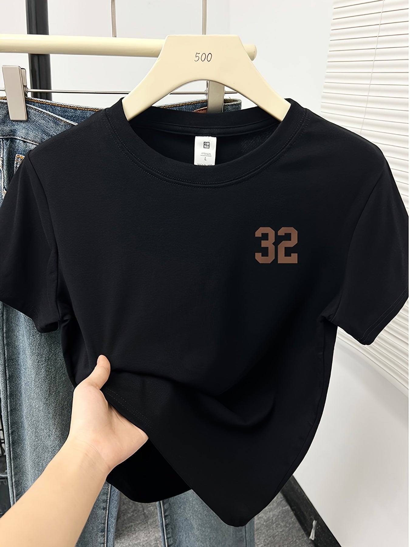 Women's Slim Fit Short Sleeve T-Shirt - Navy Blue Casual Round Neck Top with Brown '32' Letter Print, Breathable Summer Tee for Petite Women, Machine Washable Layering Essential, Versatile Clothing, Trendy Numeral Design, Smooth Texture