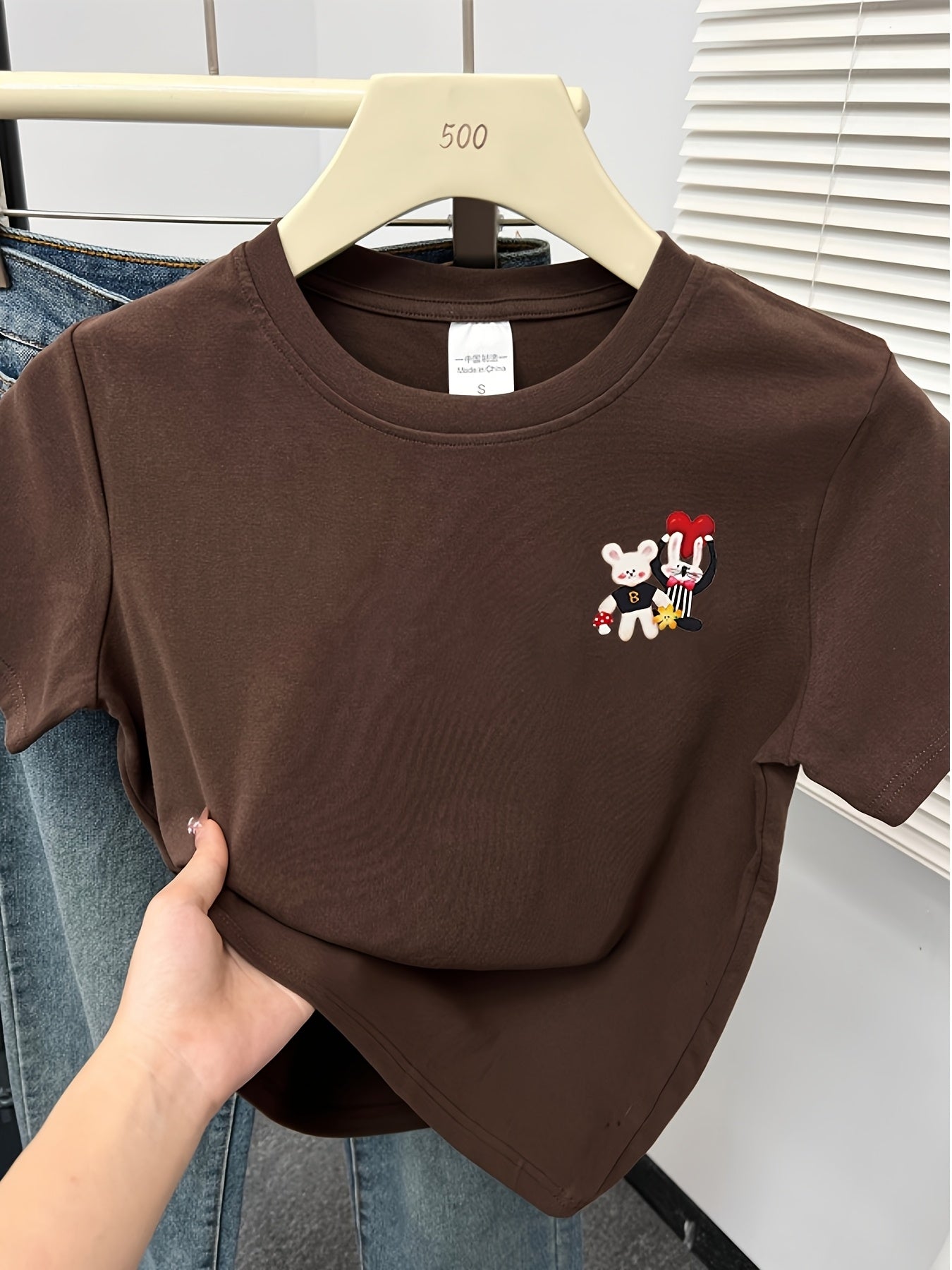 Women'S Cartoon Print T-Shirt - Short Sleeve Crew Neck, Casual Summer Top with Playful Bunny & Mushroom Design, Lightweight & Breathable for Casual Attire, Everyday Tshirt | Playful Graphic Tee | Comfortable Fit