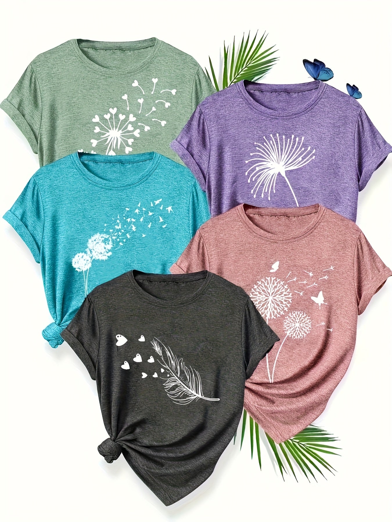 [5pcs Casual T-Shirts] 5pcs Women's Casual Short Sleeve T-Shirts | Breathable Machine-Washable Fabric, Geometric Print Tees with Dandelion, Floral & Bird Designs, 5 Color Options, Comfortable Fit, Artistic Design, Everyday Outfit, Printed Tops, Adults