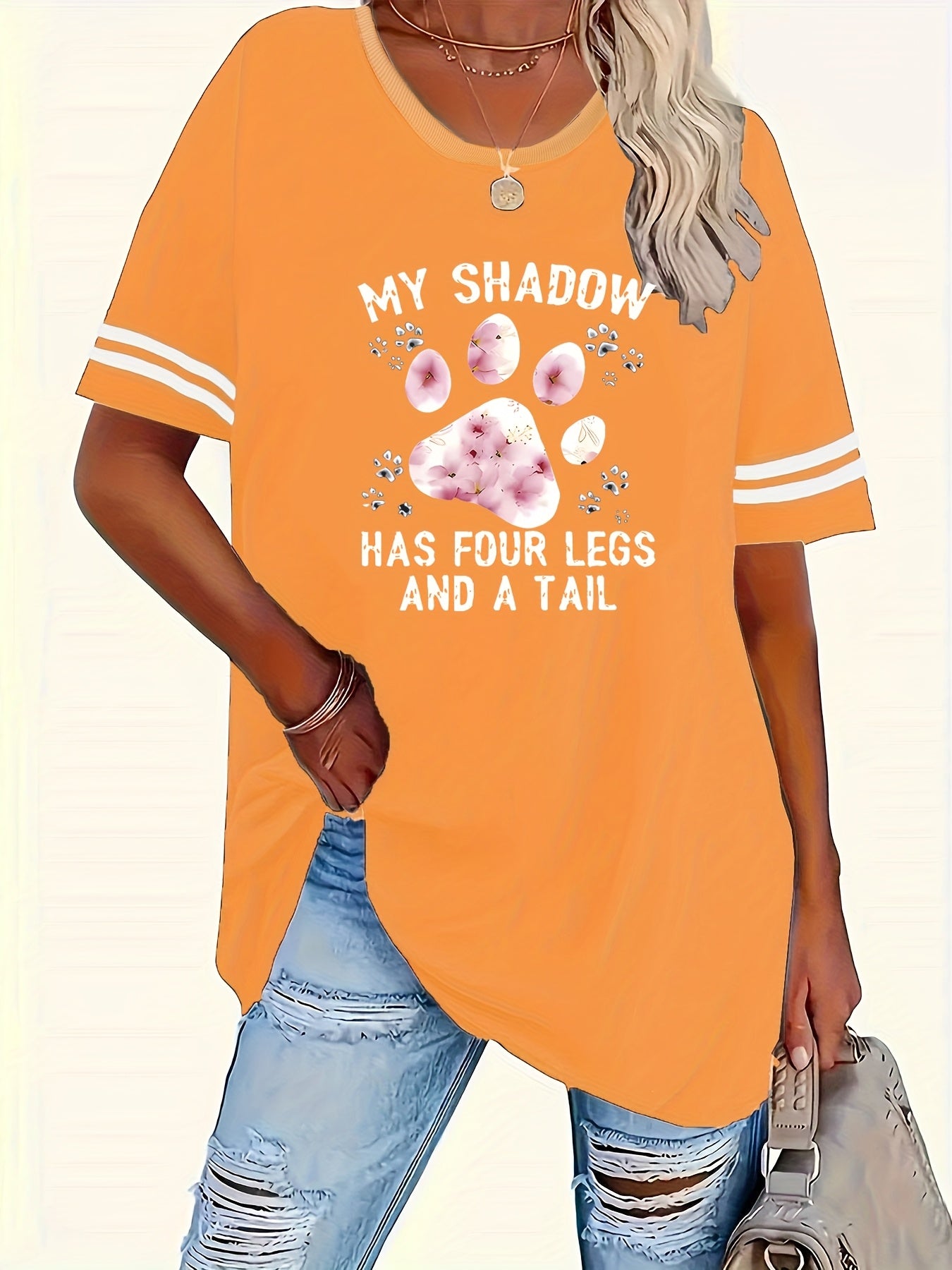 Plus Size Women's Graphic T-Shirt - "My Shadow Has Four Legs" Cat Lover Design with Paw Prints & Striped Sleeves, Soft Round Neck Casual Tee, Machine Washable, Sizes 1X-8X, Cat Tshirt