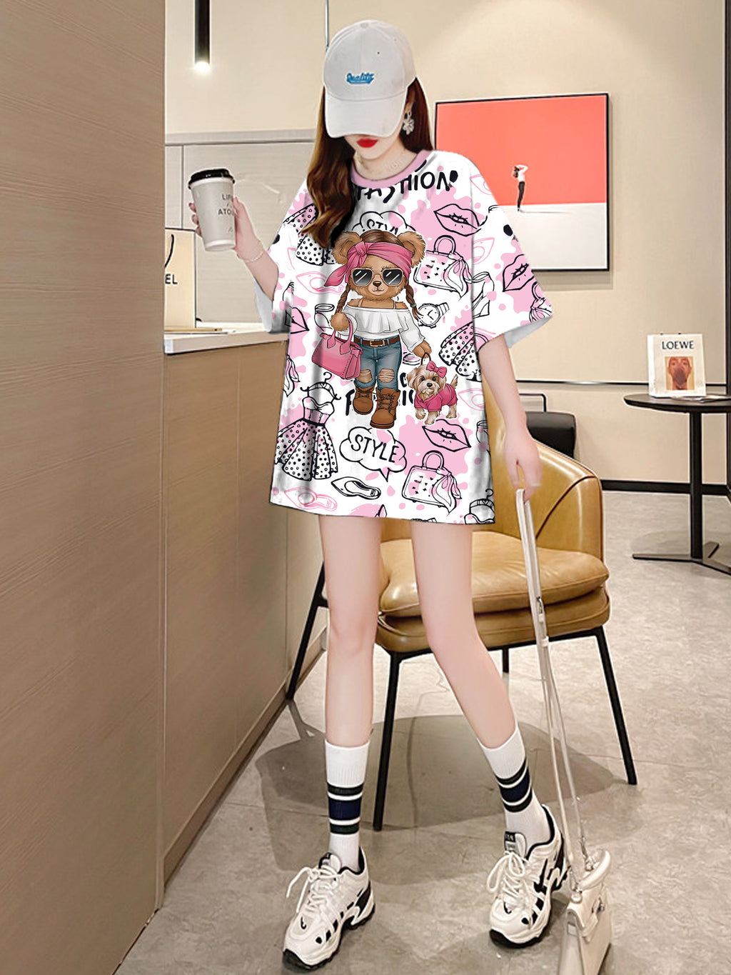 YZ-A249 Women's Oversized Graphic T-Shirt - Cute Cartoon Bear & TROOPER Print, Pink Casual Short Sleeve Round Neck Top, Breathable Summer Tee, Loose Fit Plus Size Friendly, Comfortable Daily Wear, Fun Print Design, Durable Casualwear, Medium Elasticity