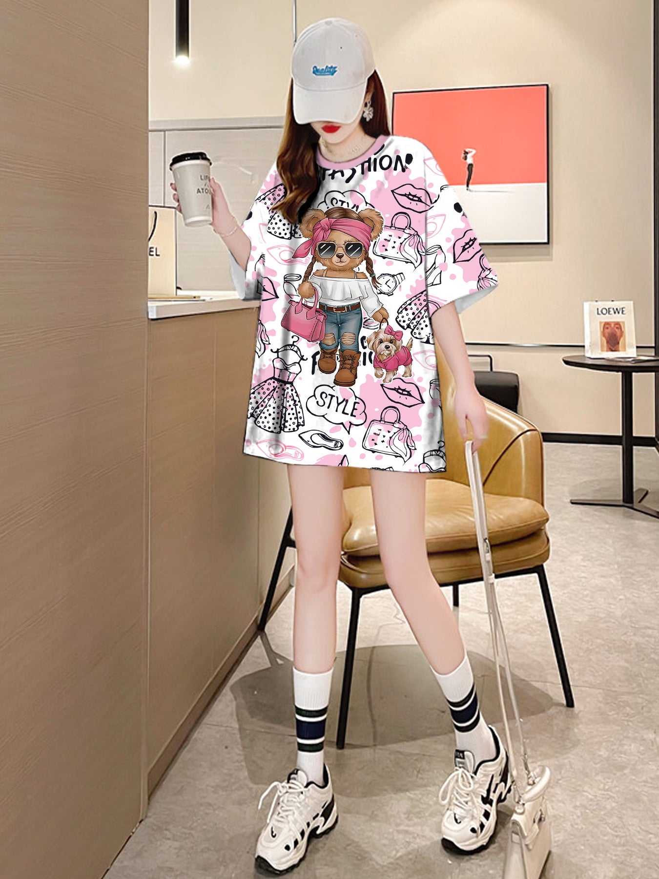 YZ-A249 Women's Oversized Graphic T-Shirt - Cute Cartoon Bear & TROOPER Print, Pink Casual Short Sleeve Round Neck Top, Breathable Summer Tee, Loose Fit Plus Size Friendly, Comfortable Daily Wear, Fun Print Design, Durable Casualwear, Medium Elasticity