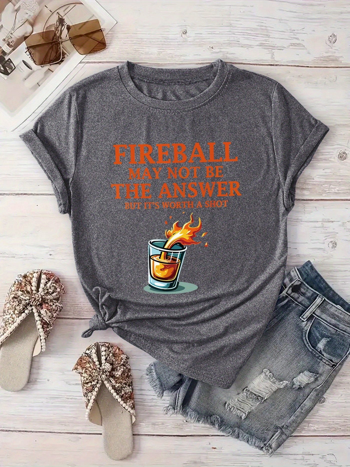[Playful Vacation Wear Tee] Women's "Fireball May Not Be the Answer but It's Worth a Shot" Graphic Tee - Lightweight, Machine Washable Crew Neck Short Sleeve T-Shirt with Flaming Drink Design | Playful Print Top | Perfect for Spring/Summer Vacation Wear