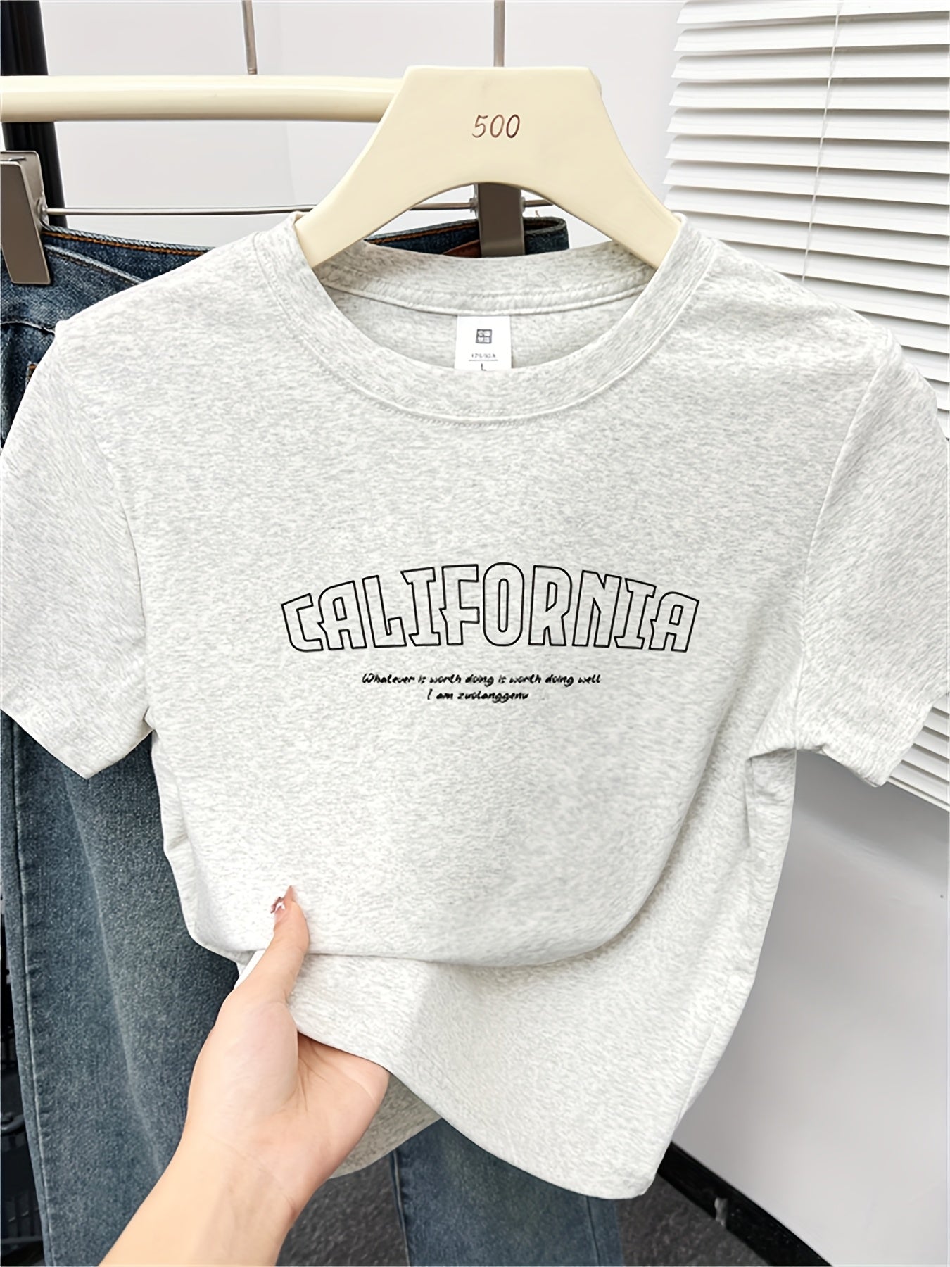 Everyday Comfort, Women's California Letter Print T-Shirt - Casual Korean Style, Short Sleeve, Round Neck, Brown Rayon Blend Top