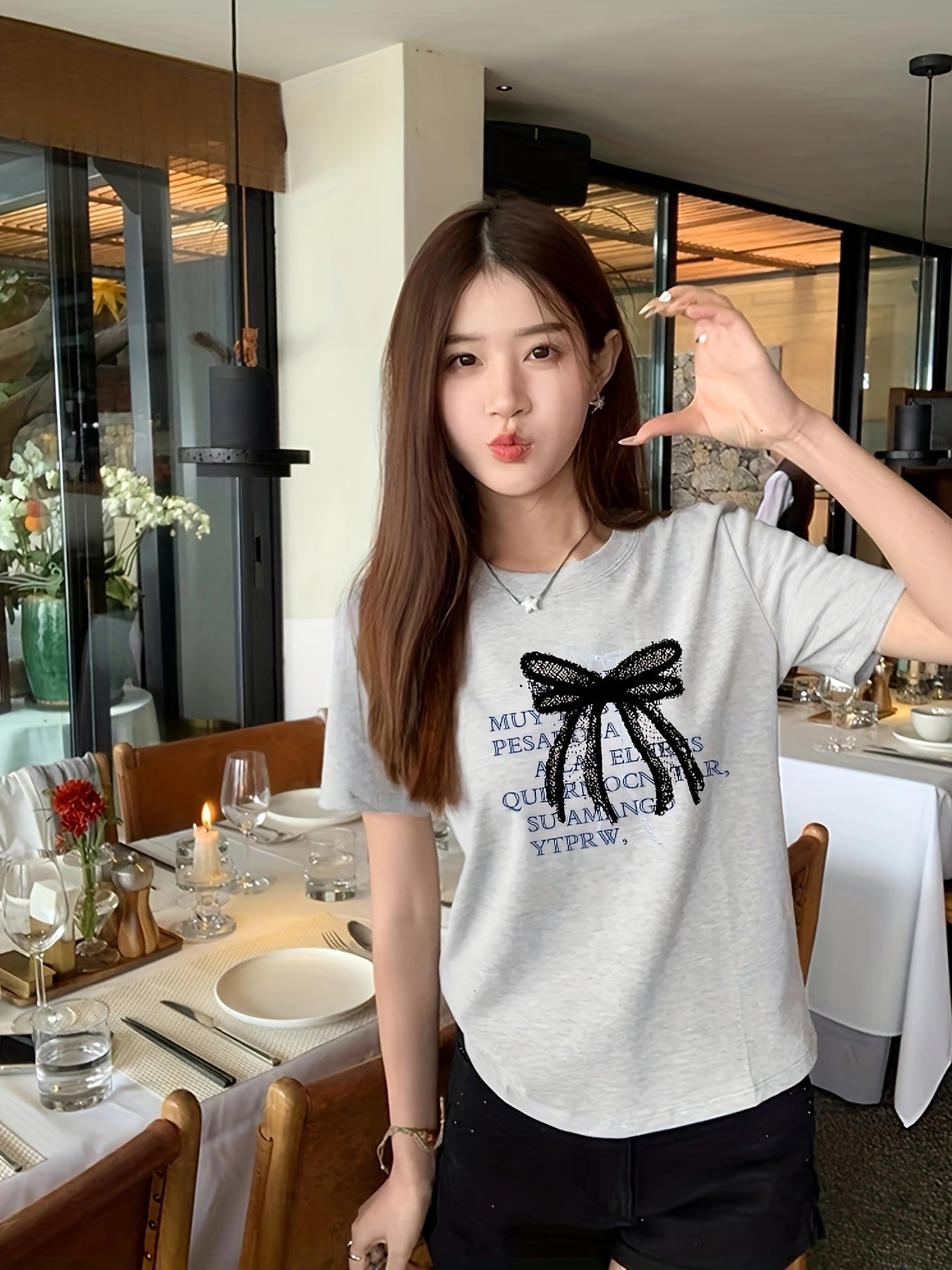 Women's Slim-Fit Retro Short Sleeve T-Shirt - Black Golden Foil "Paradise Question Your Vibe" Letter Print Top | Korean-Japanese Inspired Summer Casual Tee | Machine Washable, Ladies T Shirts, Clothing, Classic Round Neck, Easycare Material, Everyday