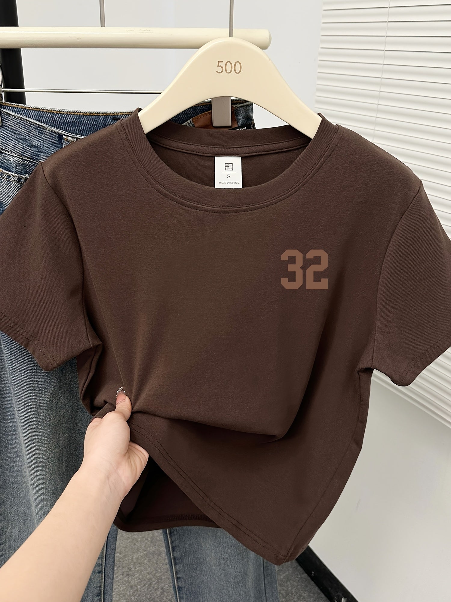 Women's Slim Fit Short Sleeve T-Shirt - Navy Blue Casual Round Neck Top with Brown '32' Letter Print, Breathable Summer Tee for Petite Women, Machine Washable Layering Essential, Versatile Clothing, Trendy Numeral Design, Smooth Texture