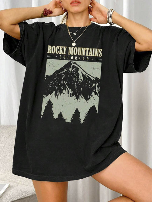 100% Pure, Mountain And Letter Pattern Printed T-Shirt, Spring And Summer Round Neck Short Sleeved T-Shirt, Pure Breathable Casual Sports Top, Holiday Gift W