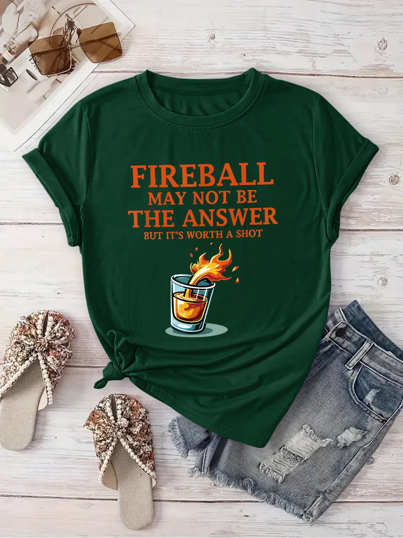 [Playful Vacation Wear Tee] Women's "Fireball May Not Be the Answer but It's Worth a Shot" Graphic Tee - Lightweight, Machine Washable Crew Neck Short Sleeve T-Shirt with Flaming Drink Design | Playful Print Top | Perfect for Spring/Summer Vacation Wear