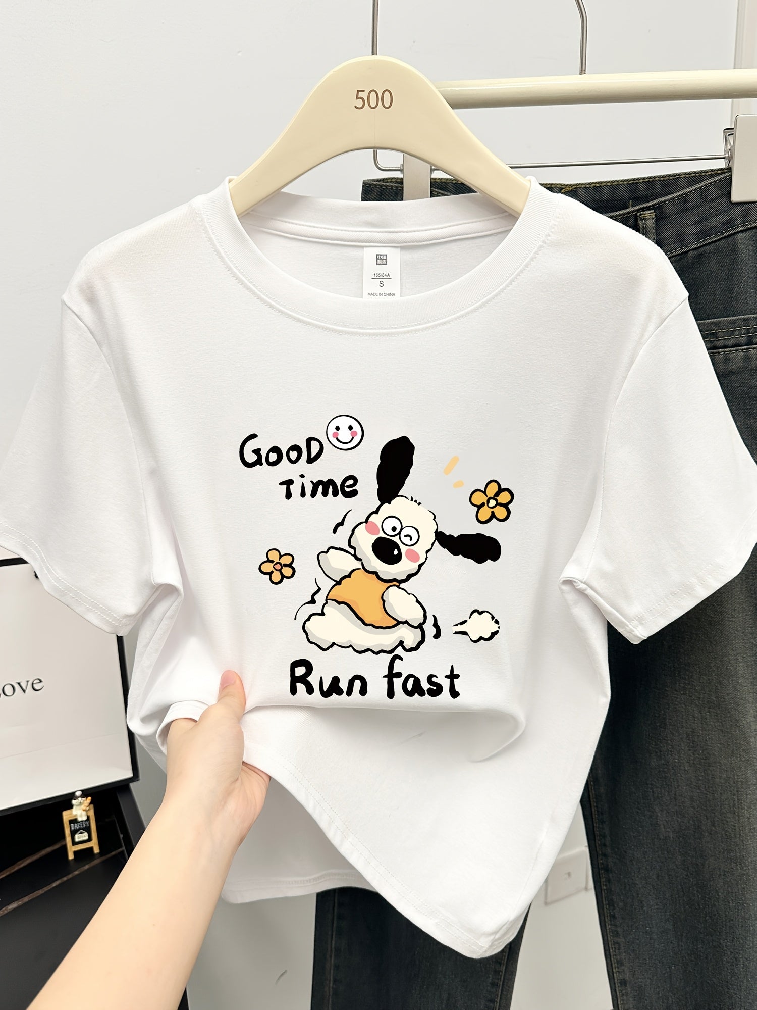 [Cute Cartoon Dog T-Shirt] Women's Cute Cartoon Dog & Floral Graphic Print T-Shirt | Korean Style Shoulder Top, Light Grey Round Neck Short Sleeve for Spring/Summer Casual Wear, Playful Design, Machine Washable, 2025 New