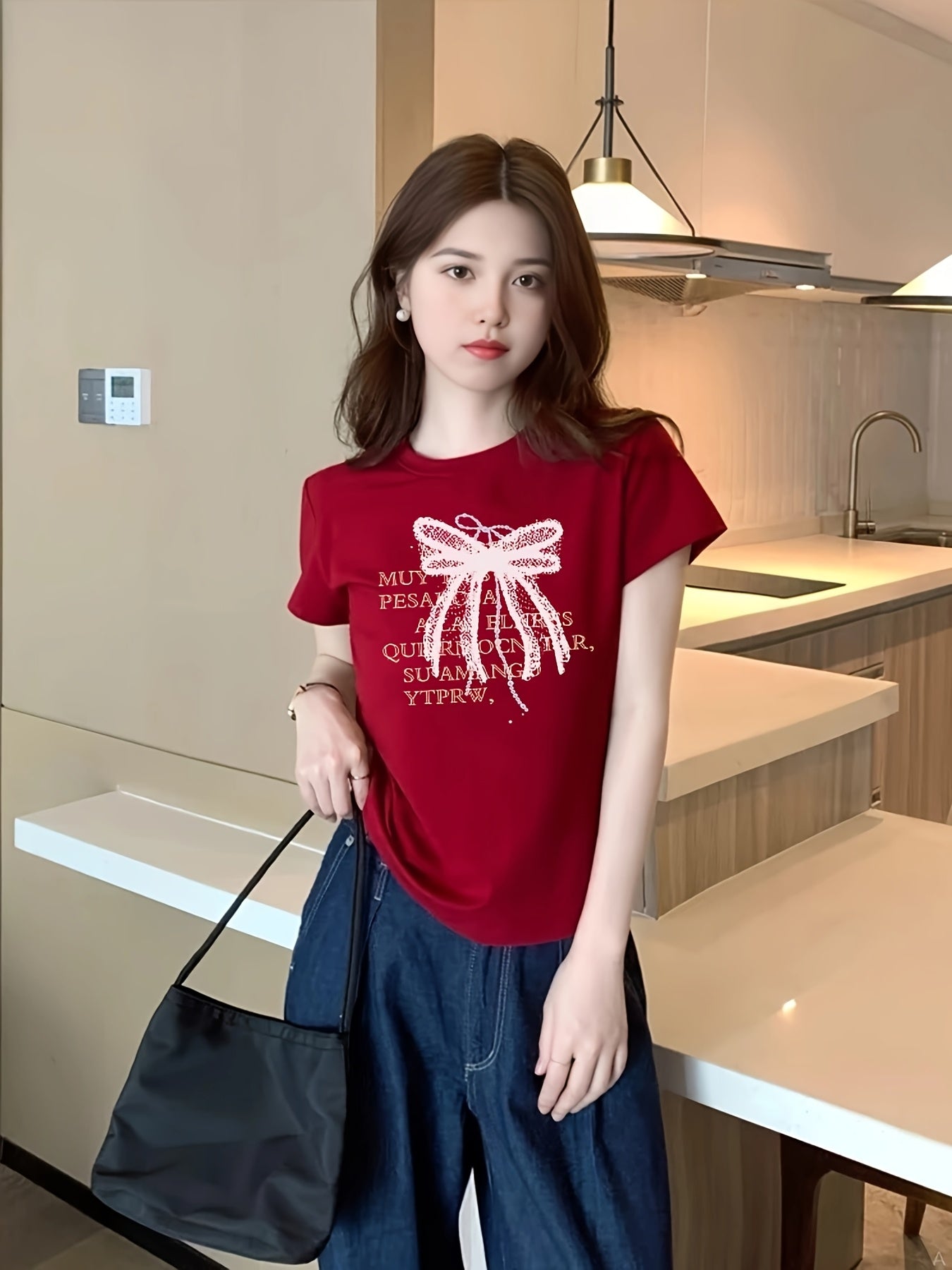 Women's Slim-Fit Retro Short Sleeve T-Shirt - Black Golden Foil "Paradise Question Your Vibe" Letter Print Top | Korean-Japanese Inspired Summer Casual Tee | Machine Washable, Ladies T Shirts, Clothing, Classic Round Neck, Easycare Material, Everyday