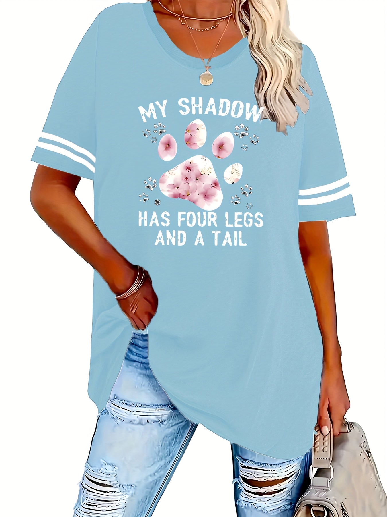 Plus Size Women's Graphic T-Shirt - "My Shadow Has Four Legs" Cat Lover Design with Paw Prints & Striped Sleeves, Soft Round Neck Casual Tee, Machine Washable, Sizes 1X-8X, Cat Tshirt