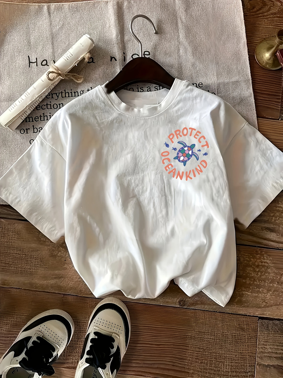 "Protect Ocean Kind" Geometric Print T-Shirt - Relaxed, Round Neck, Short Sleeve, Women's Top - Polyester Blend, Casual Style