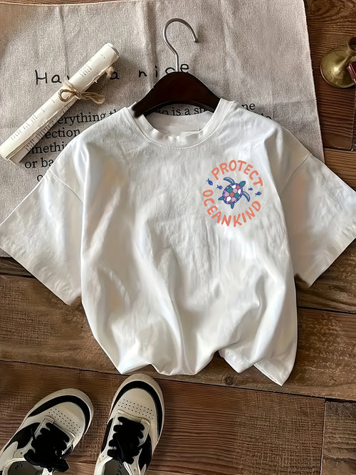 "Protect Ocean Kind" Geometric Print T-Shirt - Relaxed, Round Neck, Short Sleeve, Women's Top - Polyester Blend, Casual Style