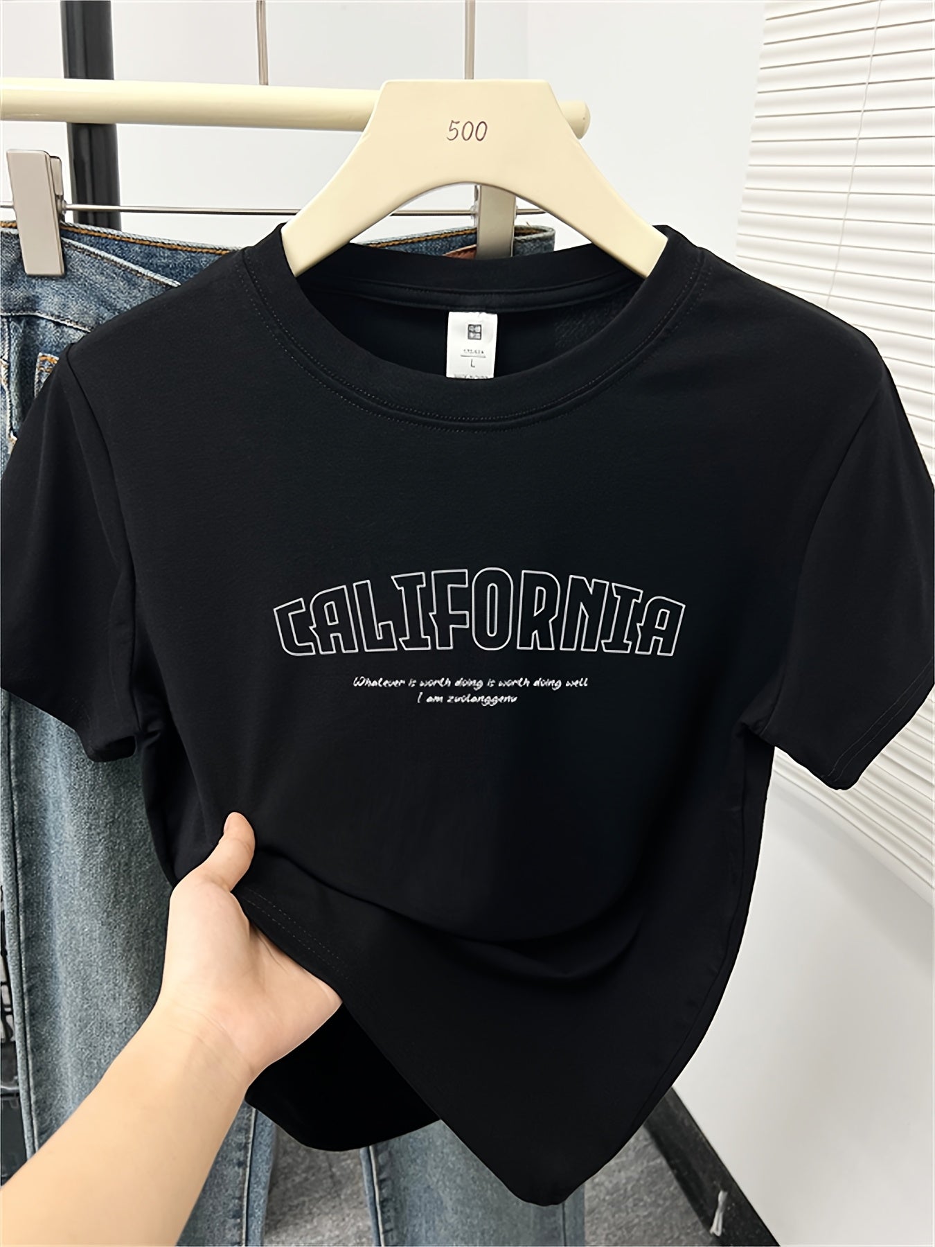 Everyday Comfort, Women's California Letter Print T-Shirt - Casual Korean Style, Short Sleeve, Round Neck, Brown Rayon Blend Top