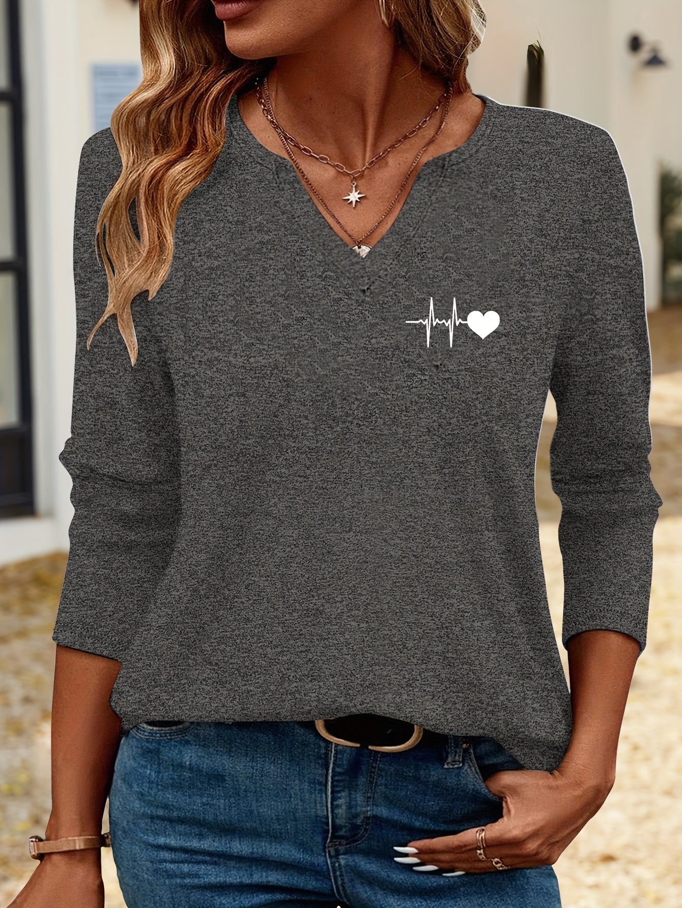 Simple Heart Pattern Print 3/4 Sleeve T-Shirt 824