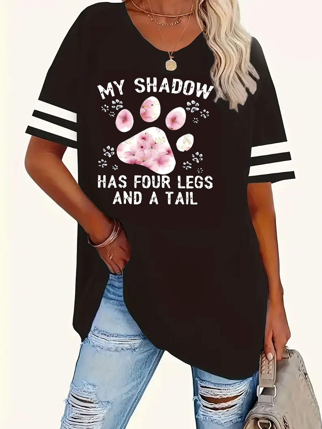 Plus Size Women's Graphic T-Shirt - "My Shadow Has Four Legs" Cat Lover Design with Paw Prints & Striped Sleeves, Soft Round Neck Casual Tee, Machine Washable, Sizes 1X-8X, Cat Tshirt