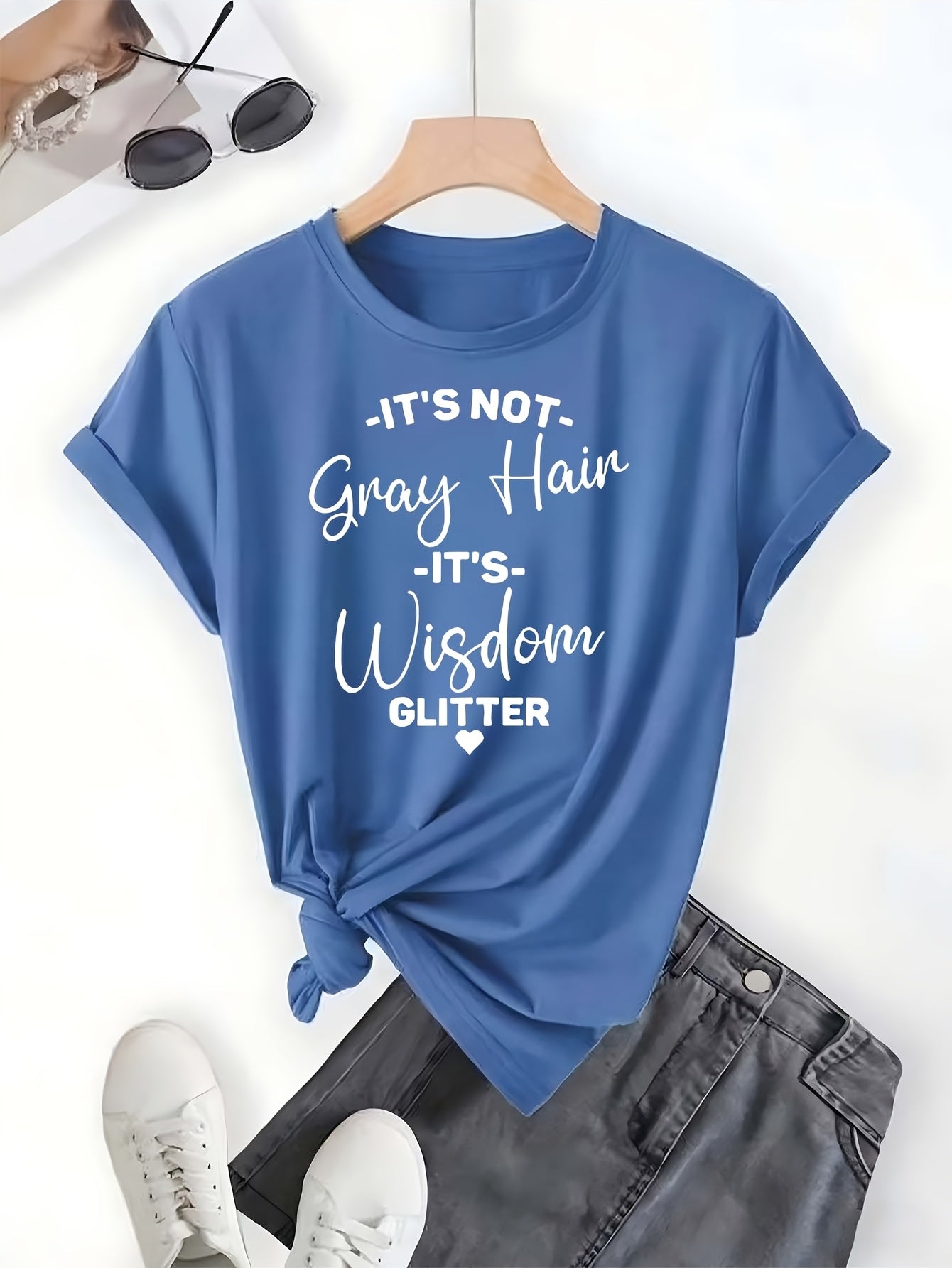 Women's Funny Saying T-Shirt - "It's Not Gray Hair It's Wisdom Glitter" Graphic Tee in Navy Blue - Plus Size Casual Everyday Shirt - Lightweight Everyday Top for Women, Ladies T Shirts, Humorous Apparel, Drop Shoulder, Easy Care, Statement Top, Confident