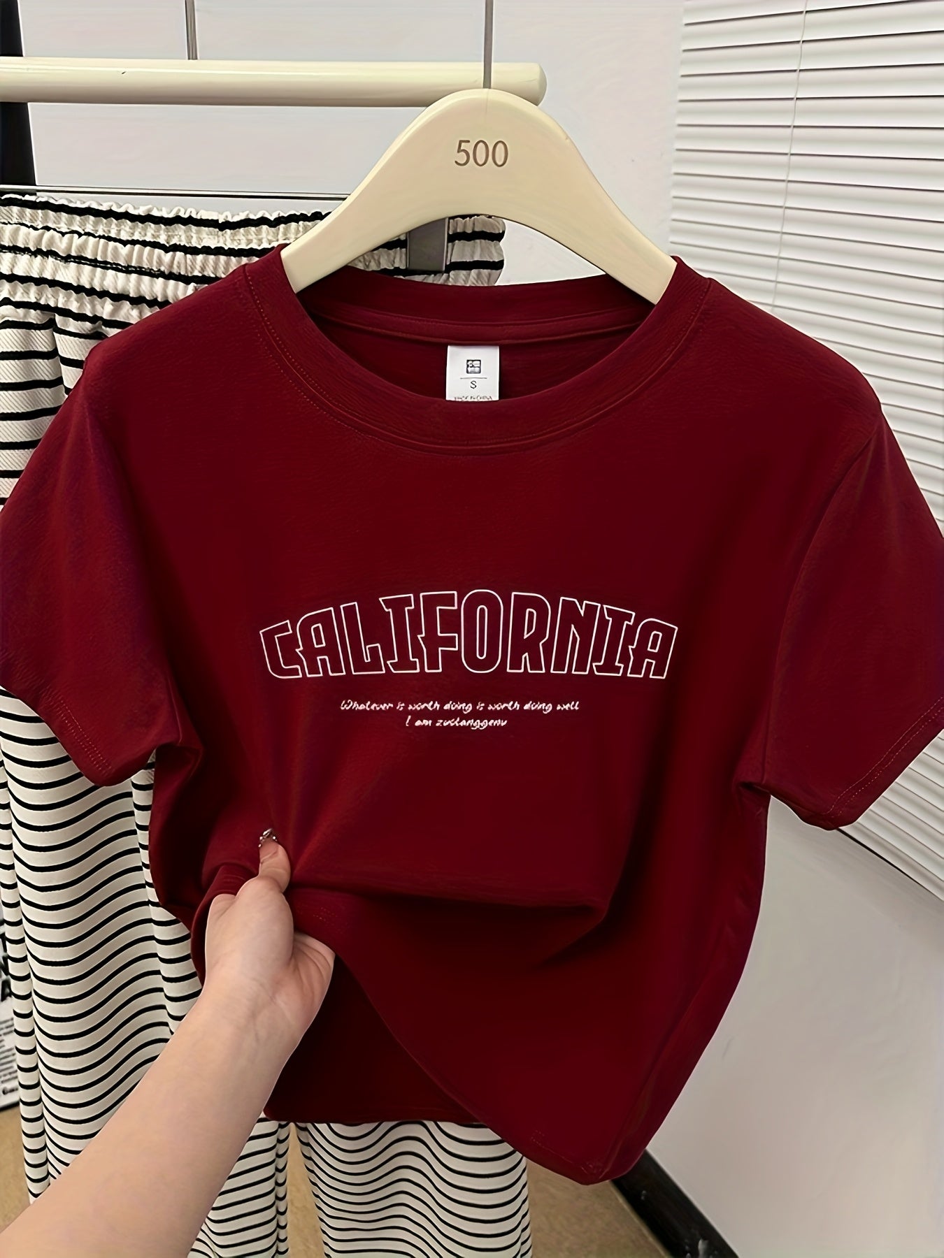 Everyday Comfort, Women's California Letter Print T-Shirt - Casual Korean Style, Short Sleeve, Round Neck, Brown Rayon Blend Top