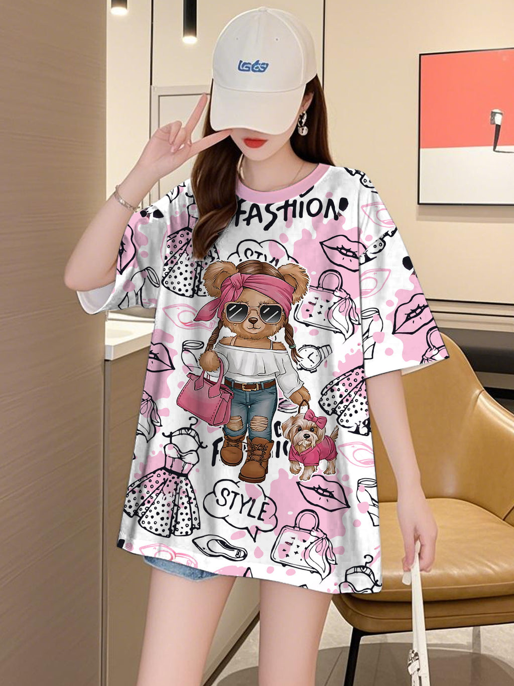 YZ-A249 Women's Oversized Graphic T-Shirt - Cute Cartoon Bear & TROOPER Print, Pink Casual Short Sleeve Round Neck Top, Breathable Summer Tee, Loose Fit Plus Size Friendly, Comfortable Daily Wear, Fun Print Design, Durable Casualwear, Medium Elasticity