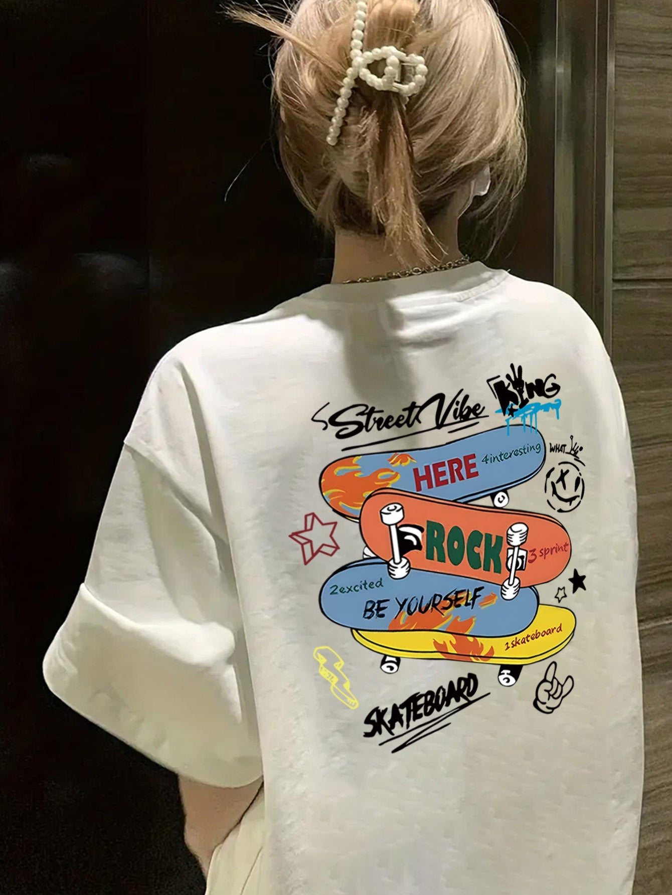 Women's Summer Casual Skateboard Graphic Print T-Shirt - Loose Fit Longline Top with Cartoon Design, Light Yellow Round Neck Short Sleeve Tee for Streetwear & Everyday Outfits, Outfit Addition, Durable Fabric, Relaxed Fit, Easy Care, Print Shirt, Women