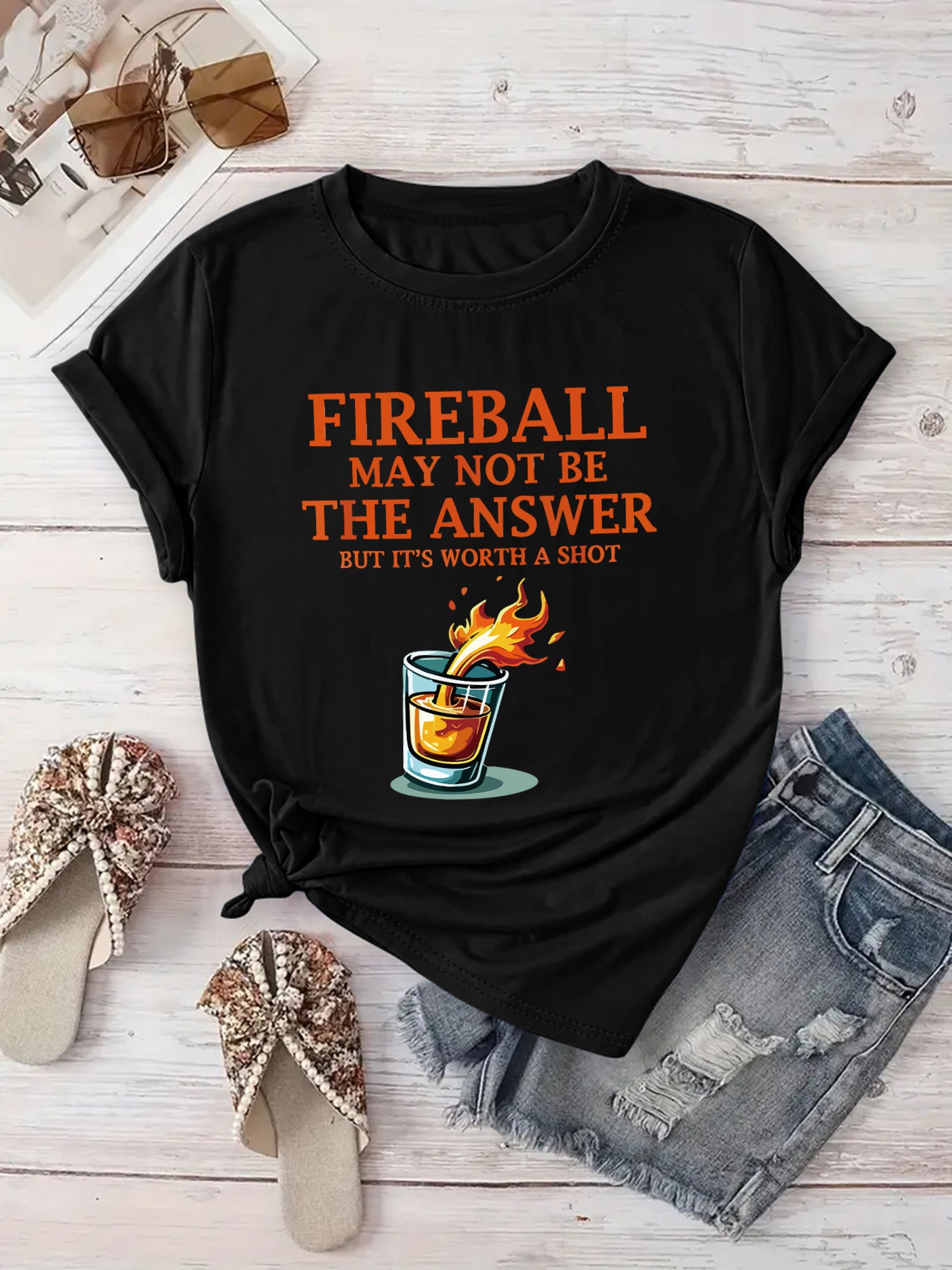 [Playful Vacation Wear Tee] Women's "Fireball May Not Be the Answer but It's Worth a Shot" Graphic Tee - Lightweight, Machine Washable Crew Neck Short Sleeve T-Shirt with Flaming Drink Design | Playful Print Top | Perfect for Spring/Summer Vacation Wear