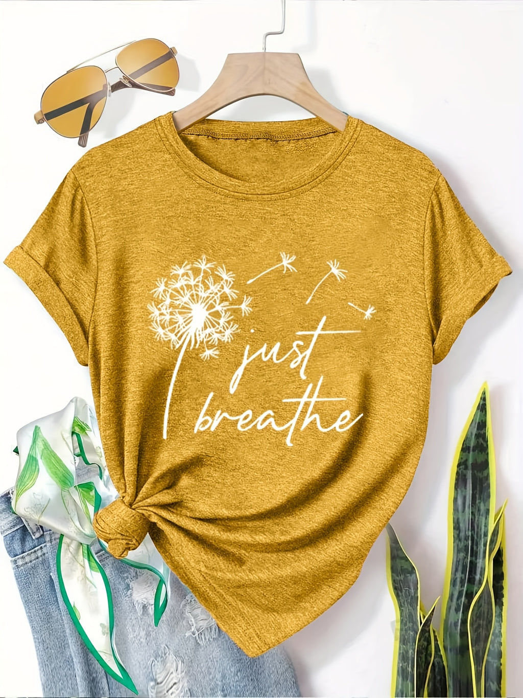 [5pcs Casual T-Shirts] 5pcs Women's Casual Short Sleeve T-Shirts | Breathable Machine-Washable Fabric, Geometric Print Tees with Dandelion, Floral & Bird Designs, 5 Color Options, Comfortable Fit, Artistic Design, Everyday Outfit, Printed Tops, Adults