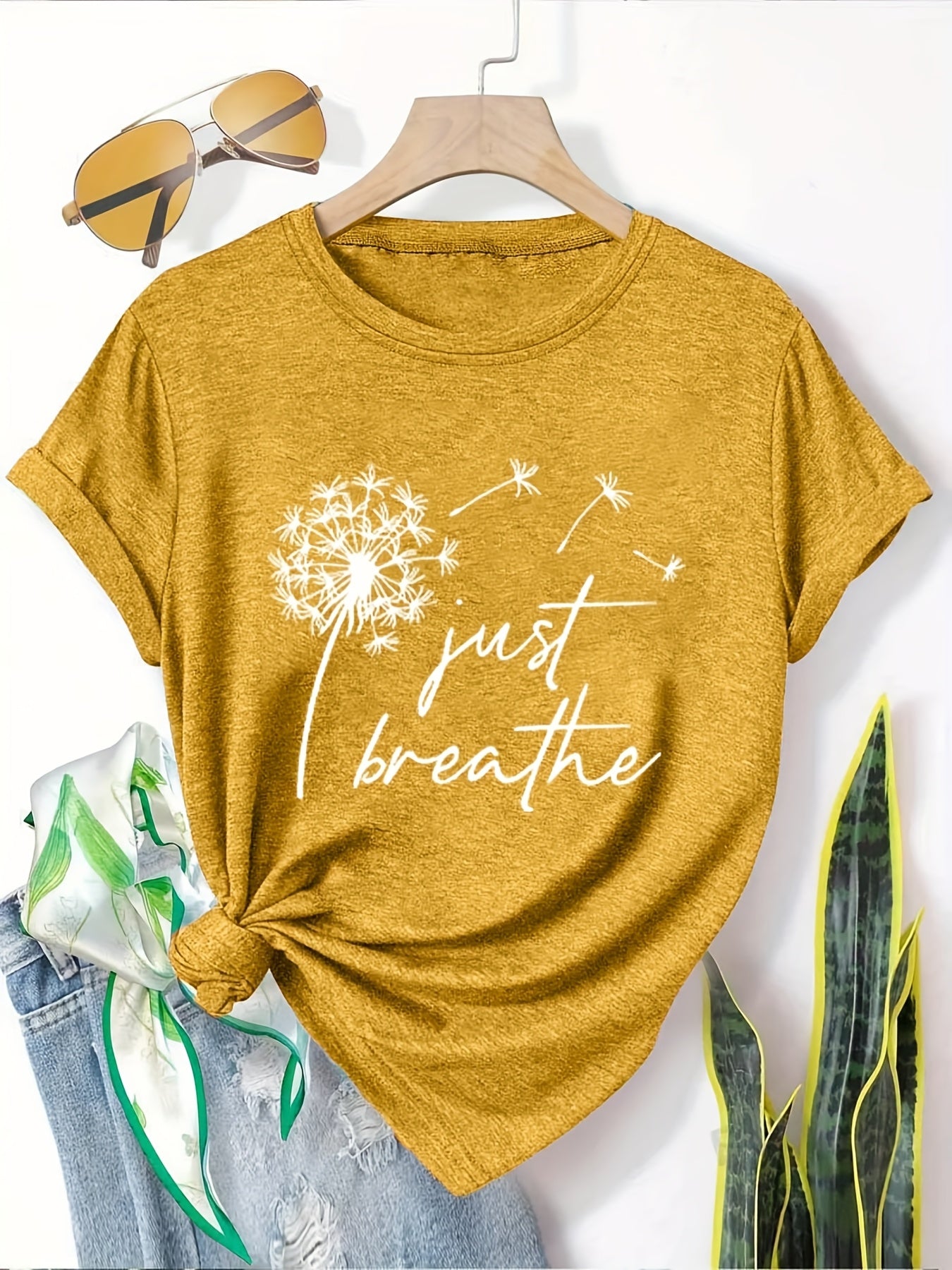 [5pcs Casual T-Shirts] 5pcs Women's Casual Short Sleeve T-Shirts | Breathable Machine-Washable Fabric, Geometric Print Tees with Dandelion, Floral & Bird Designs, 5 Color Options, Comfortable Fit, Artistic Design, Everyday Outfit, Printed Tops, Adults