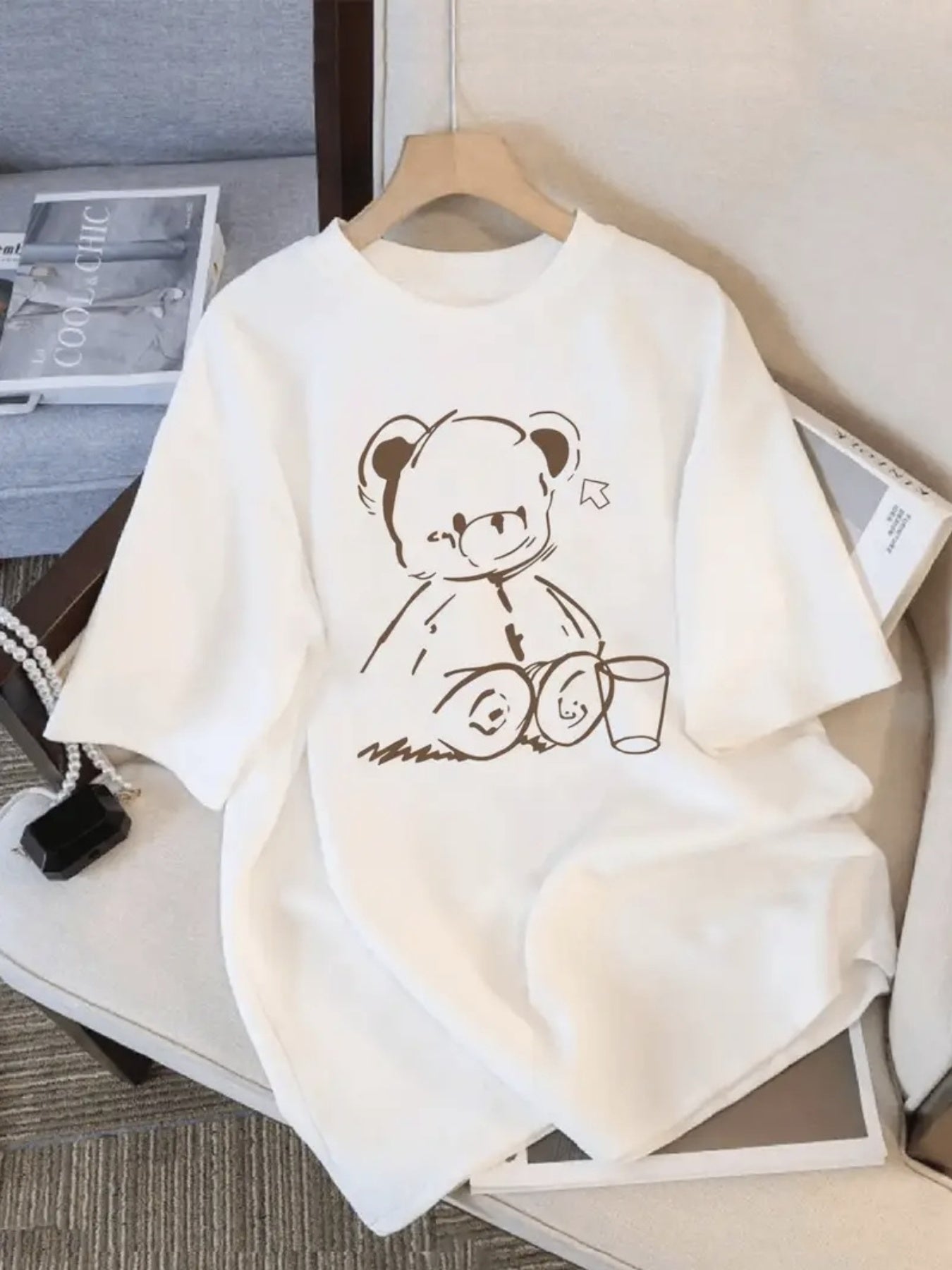 [Cute Teddy Bear Tee] Women's Cute Teddy Bear Graphic Tee - Soft, Breathable, Loose Fit Crew Neck T-Shirt | Everyday Casual Shirt for Lounge, Outfits & Parties | Machine Washable, Fast Shipping, Comfortable Material, Short Sleeve