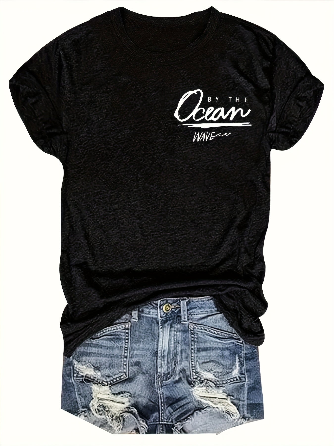 Women's Beach & Palm Tree Graphic Print T-Shirt - Short Sleeve Crew Neck Casual Top with "Ocean Wave Freedom" Design, Medium Stretch, Machine Washable, Black, All-Season Comfort, Summer Apparel, Sunset Design Shirt, Mediumstretch Fabric