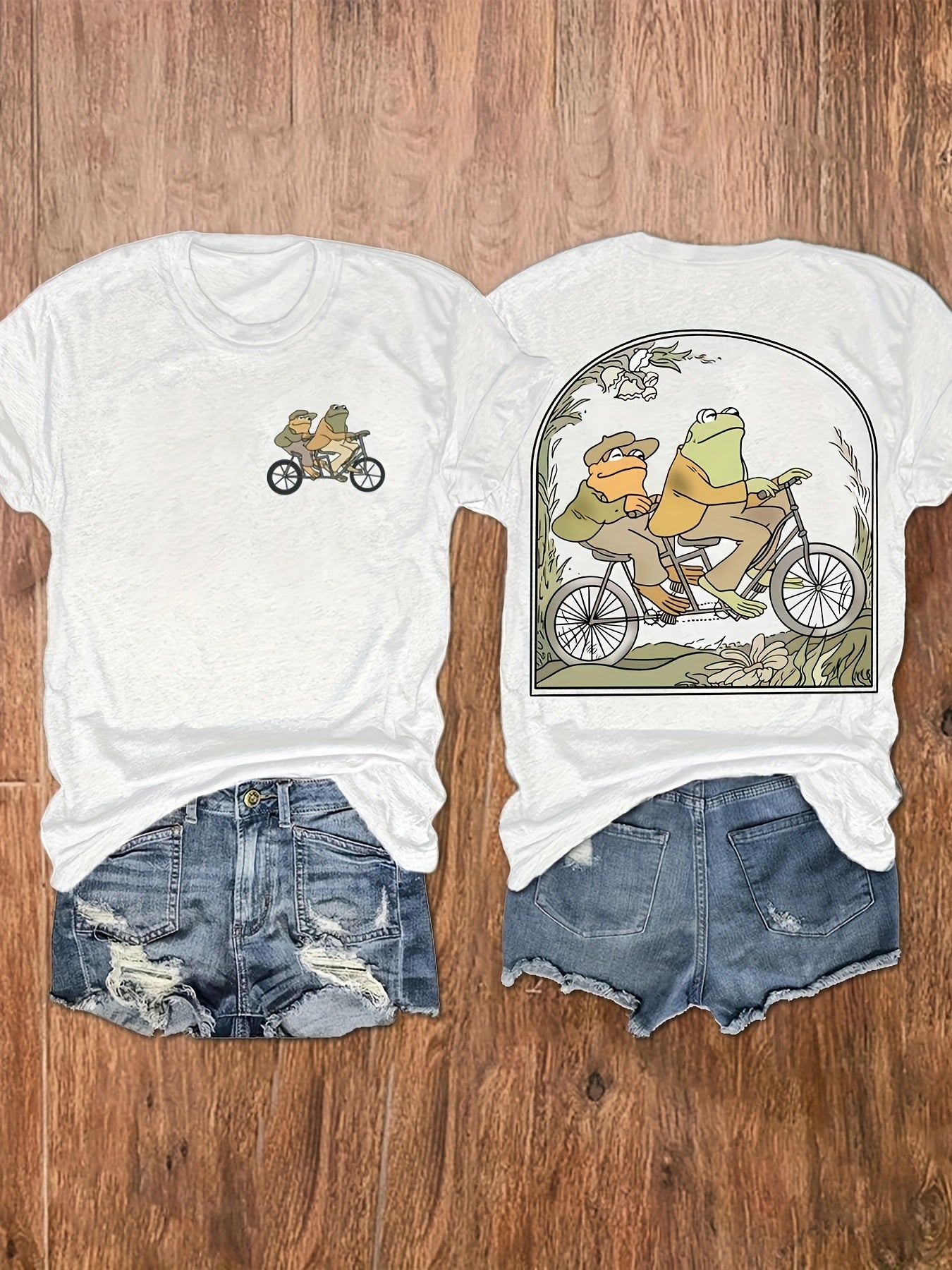 [Green Frog T-Shirt] Women's Casual Green Frog Print Round Neck Short Sleeve T-Shirt | Vacation Top