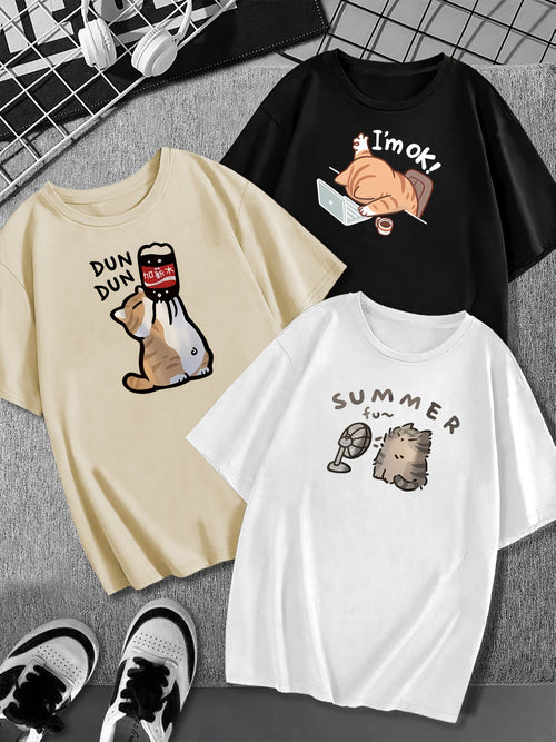 3-Pack WhimsyCat Women'S Casual Sports T-Shirts, Cute Cartoon Cat Print, Fashionable Summer Short Sleeve Round Neck Tees, Polyester Knit Fabric, Breathable & Stretchy, Multiple Sizes Available