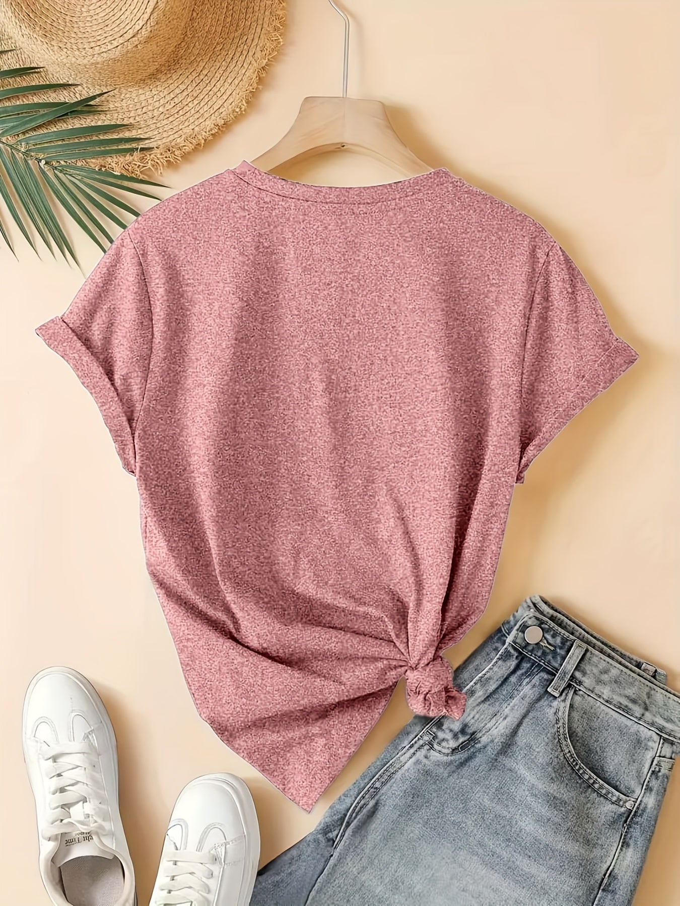 [5pcs Casual T-Shirts] 5pcs Women's Casual Short Sleeve T-Shirts | Breathable Machine-Washable Fabric, Geometric Print Tees with Dandelion, Floral & Bird Designs, 5 Color Options, Comfortable Fit, Artistic Design, Everyday Outfit, Printed Tops, Adults