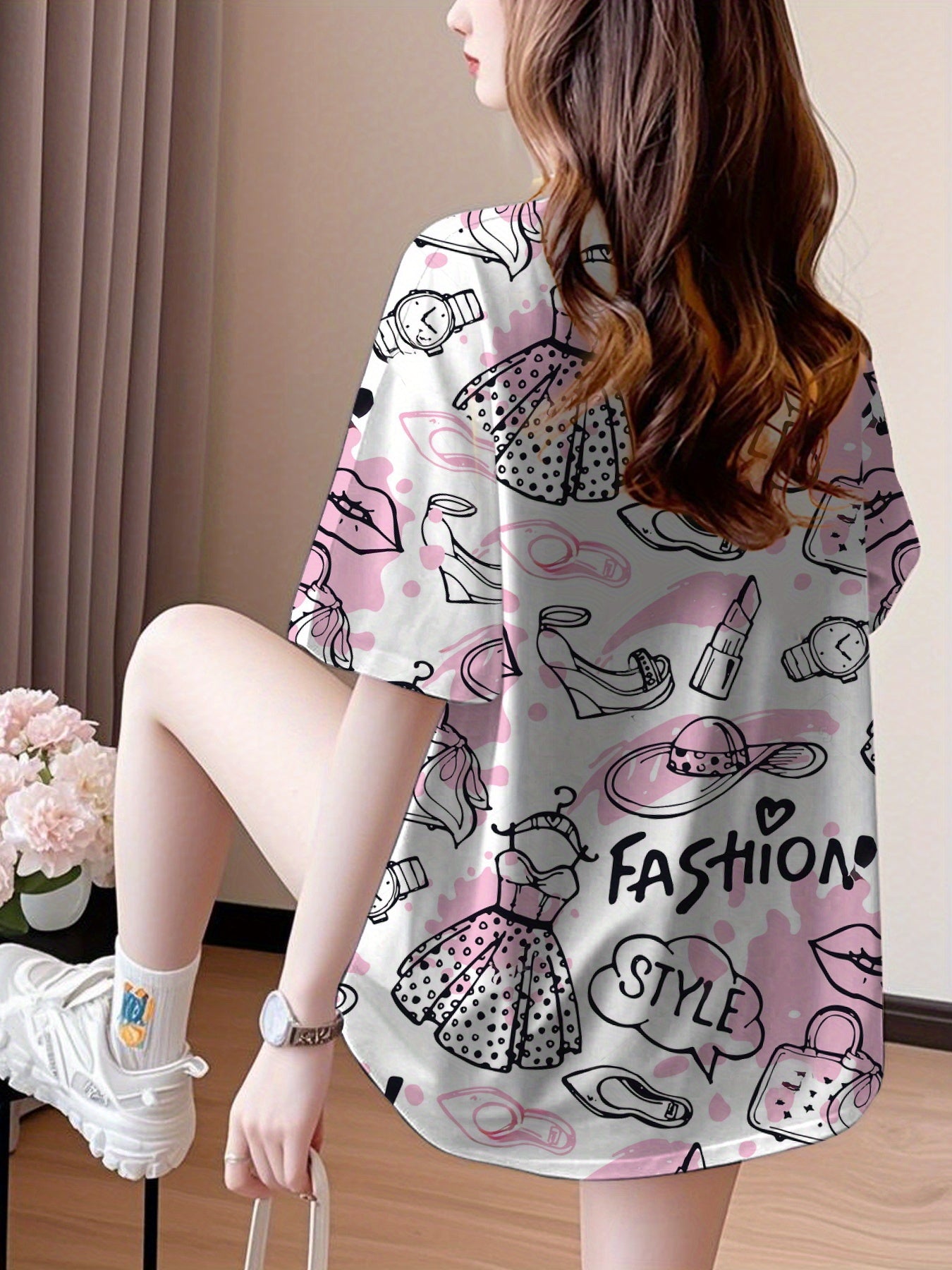 YZ-A249 Women's Oversized Graphic T-Shirt - Cute Cartoon Bear & TROOPER Print, Pink Casual Short Sleeve Round Neck Top, Breathable Summer Tee, Loose Fit Plus Size Friendly, Comfortable Daily Wear, Fun Print Design, Durable Casualwear, Medium Elasticity