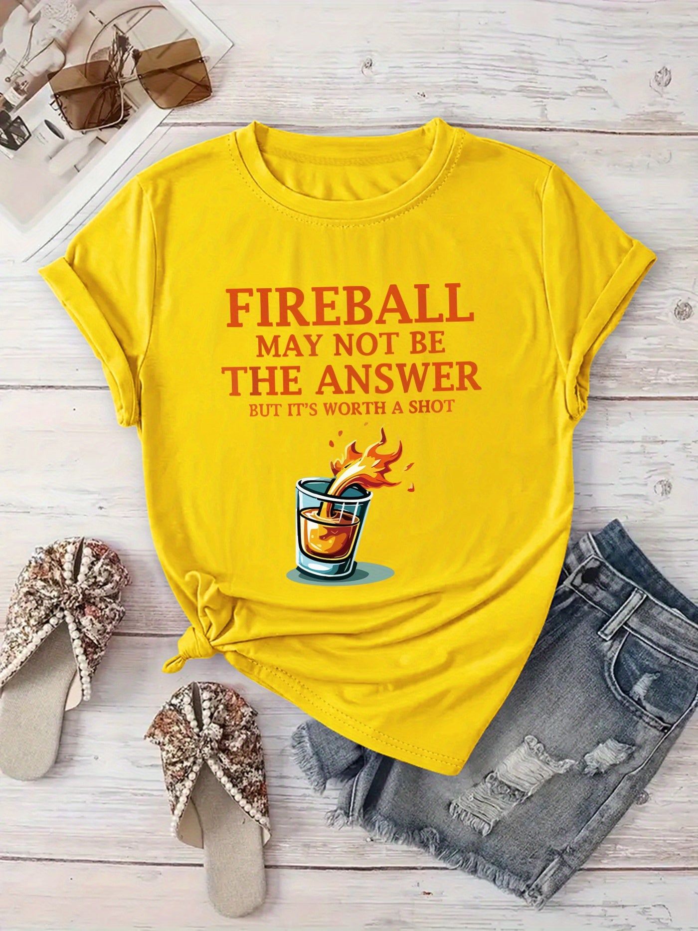 [Playful Vacation Wear Tee] Women's "Fireball May Not Be the Answer but It's Worth a Shot" Graphic Tee - Lightweight, Machine Washable Crew Neck Short Sleeve T-Shirt with Flaming Drink Design | Playful Print Top | Perfect for Spring/Summer Vacation Wear