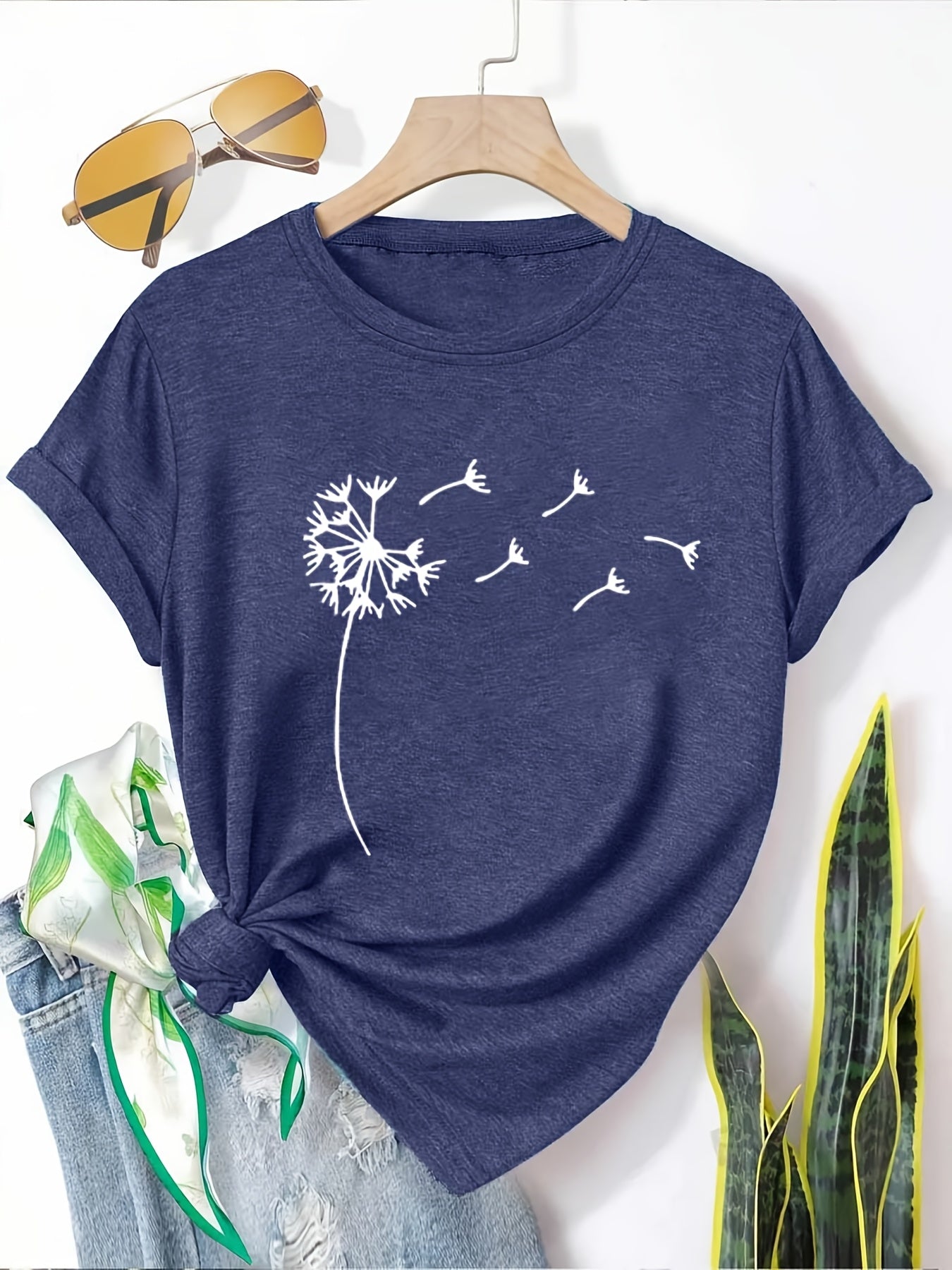 [5pcs Casual T-Shirts] 5pcs Women's Casual Short Sleeve T-Shirts | Breathable Machine-Washable Fabric, Geometric Print Tees with Dandelion, Floral & Bird Designs, 5 Color Options, Comfortable Fit, Artistic Design, Everyday Outfit, Printed Tops, Adults