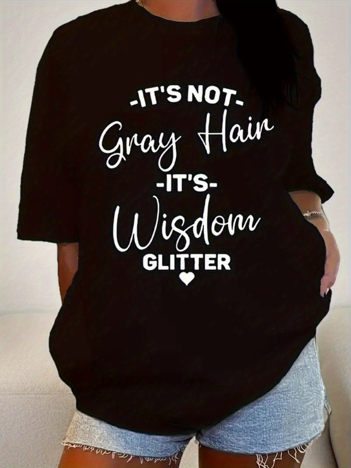 Women's Funny Saying T-Shirt - "It's Not Gray Hair It's Wisdom Glitter" Graphic Tee in Navy Blue - Plus Size Casual Everyday Shirt - Lightweight Everyday Top for Women, Ladies T Shirts, Humorous Apparel, Drop Shoulder, Easy Care, Statement Top, Confident