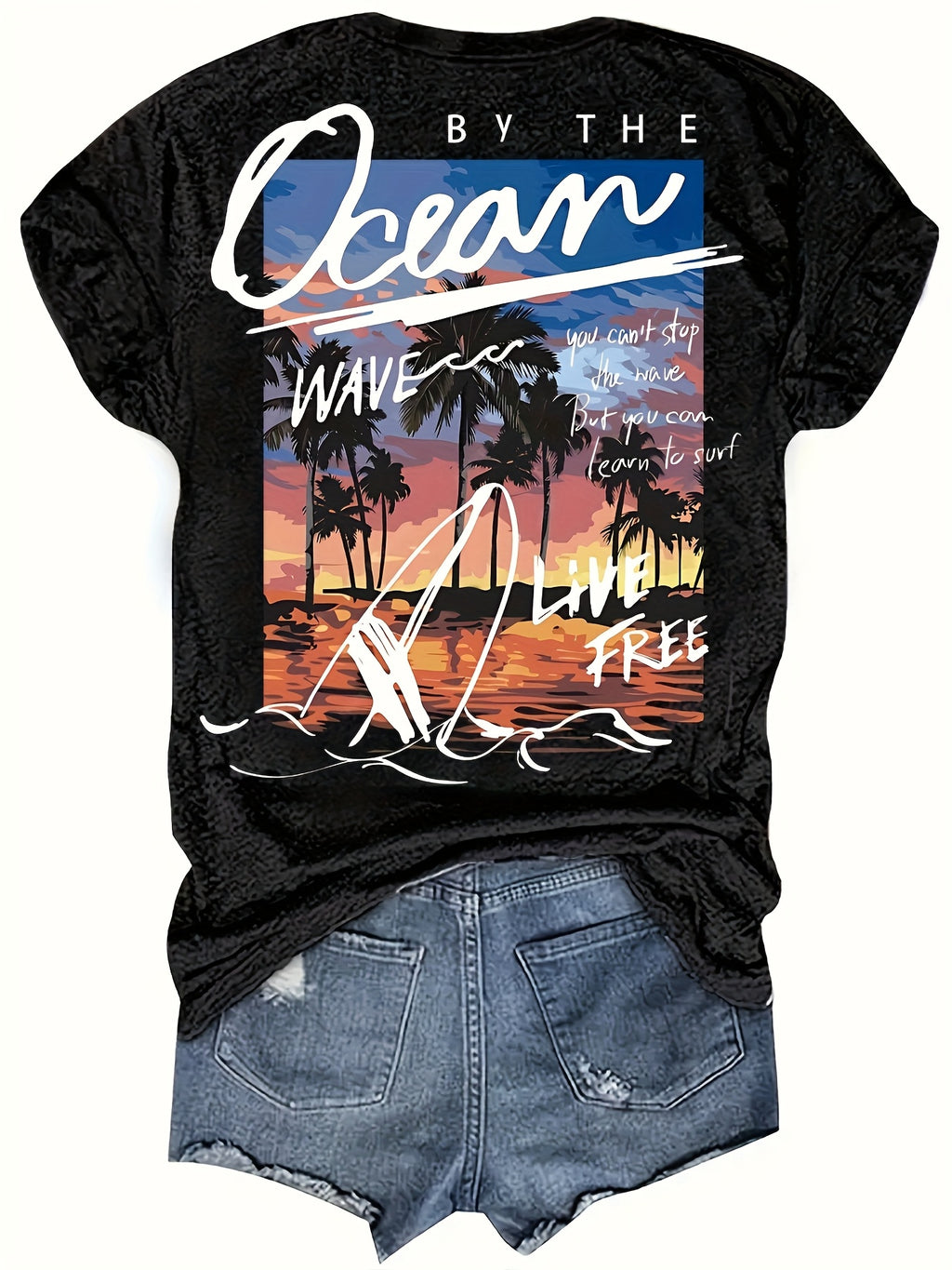 Women's Beach & Palm Tree Graphic Print T-Shirt - Short Sleeve Crew Neck Casual Top with "Ocean Wave Freedom" Design, Medium Stretch, Machine Washable, Black, All-Season Comfort, Summer Apparel, Sunset Design Shirt, Mediumstretch Fabric