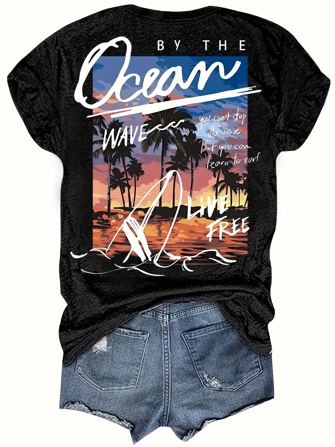 Women's Beach & Palm Tree Graphic Print T-Shirt - Short Sleeve Crew Neck Casual Top with "Ocean Wave Freedom" Design, Medium Stretch, Machine Washable, Black, All-Season Comfort, Summer Apparel, Sunset Design Shirt, Mediumstretch Fabric