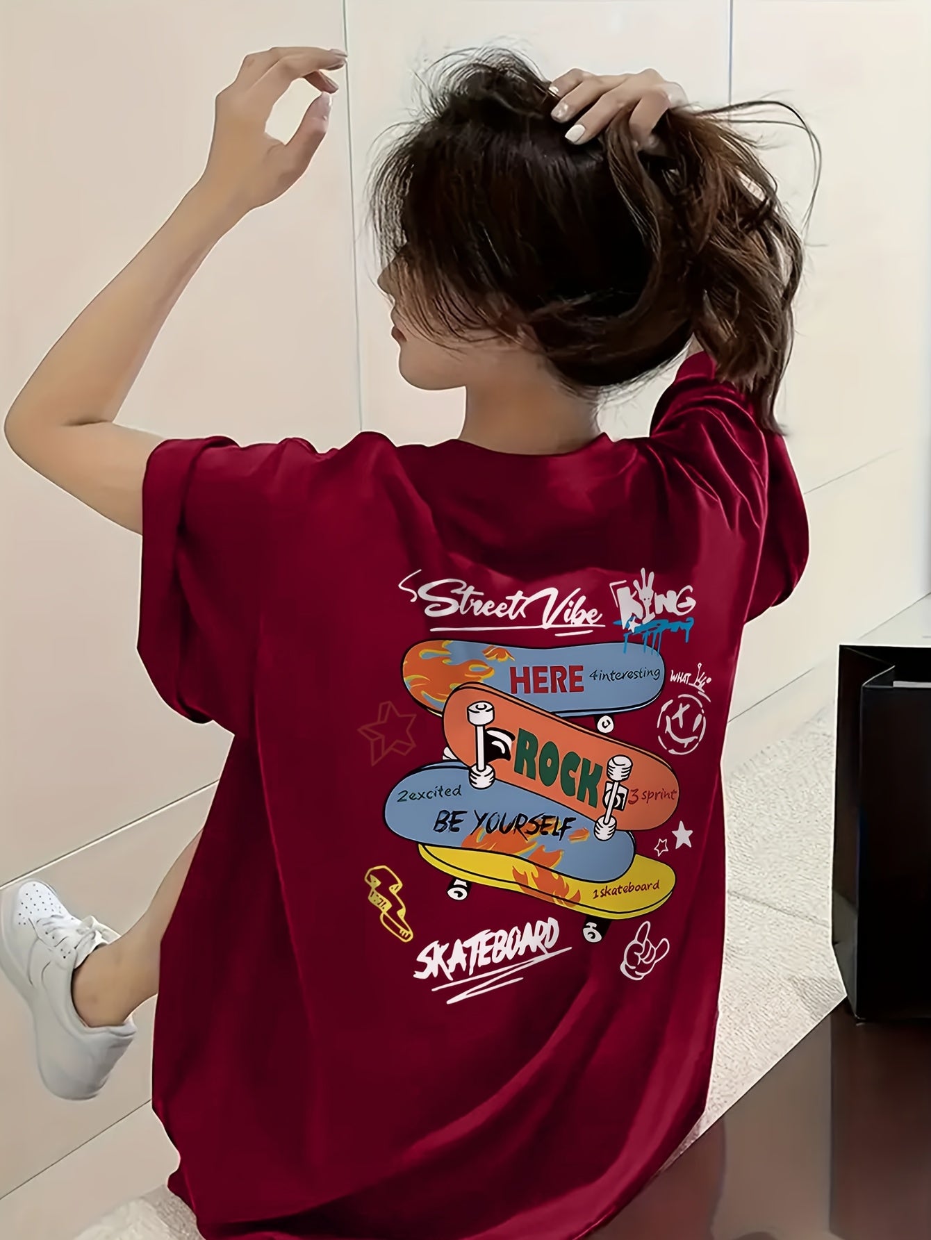 Women's Summer Casual Skateboard Graphic Print T-Shirt - Loose Fit Longline Top with Cartoon Design, Light Yellow Round Neck Short Sleeve Tee for Streetwear & Everyday Outfits, Outfit Addition, Durable Fabric, Relaxed Fit, Easy Care, Print Shirt, Women