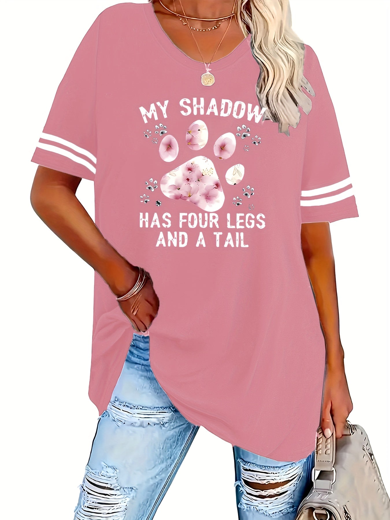 Plus Size Women's Graphic T-Shirt - "My Shadow Has Four Legs" Cat Lover Design with Paw Prints & Striped Sleeves, Soft Round Neck Casual Tee, Machine Washable, Sizes 1X-8X, Cat Tshirt