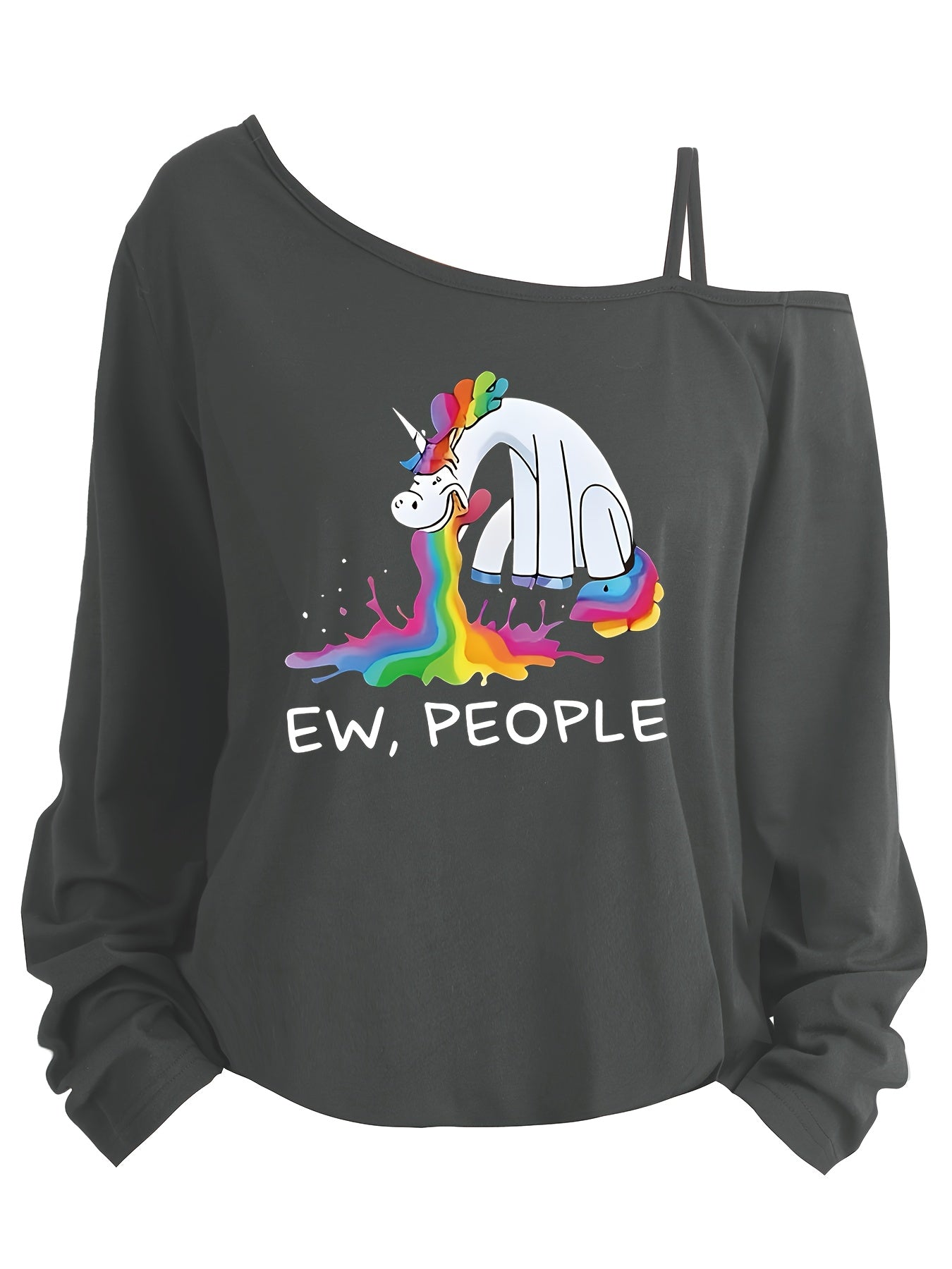 Plus Size Women's Graphic T-Shirt - Black Casual Long Sleeve Single Shoulder Top with Playful & Rainbow Design, "Ew, People" Text, Machine Washable, Sizes 1X-8X, Ladies T Shirts, Seasonal Fashion, Playful Design, Straps Detail