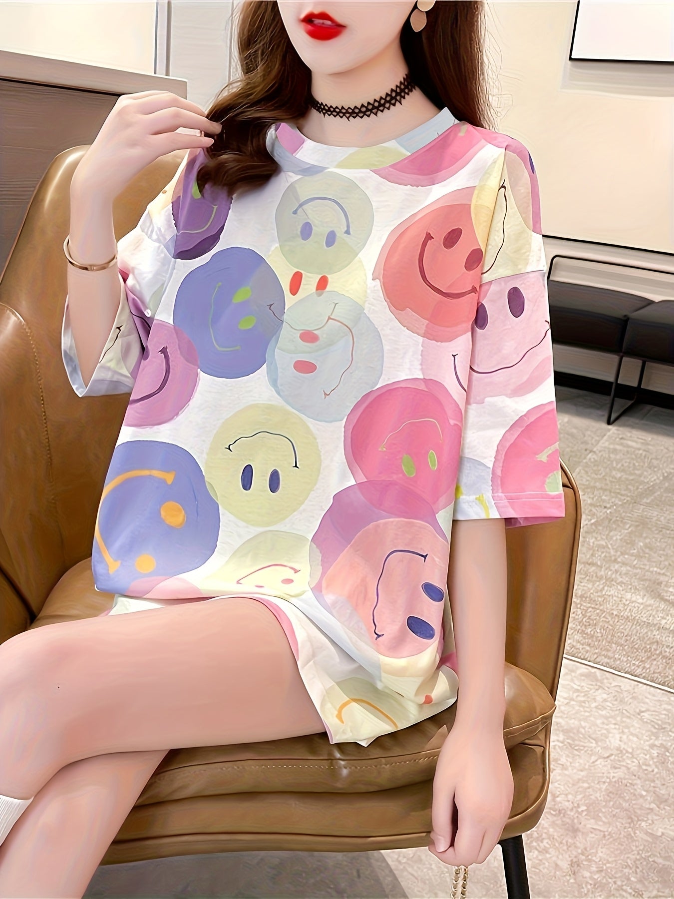 Women'S Plus Size Cute Cartoon Print T-Shirt - Casual Crew Neck, Short Sleeve, Oversized Fit, Breathable Polyester Fabric for Spring/Summer/Fall - " Style" Graphic Tee with Playful Face Desig
