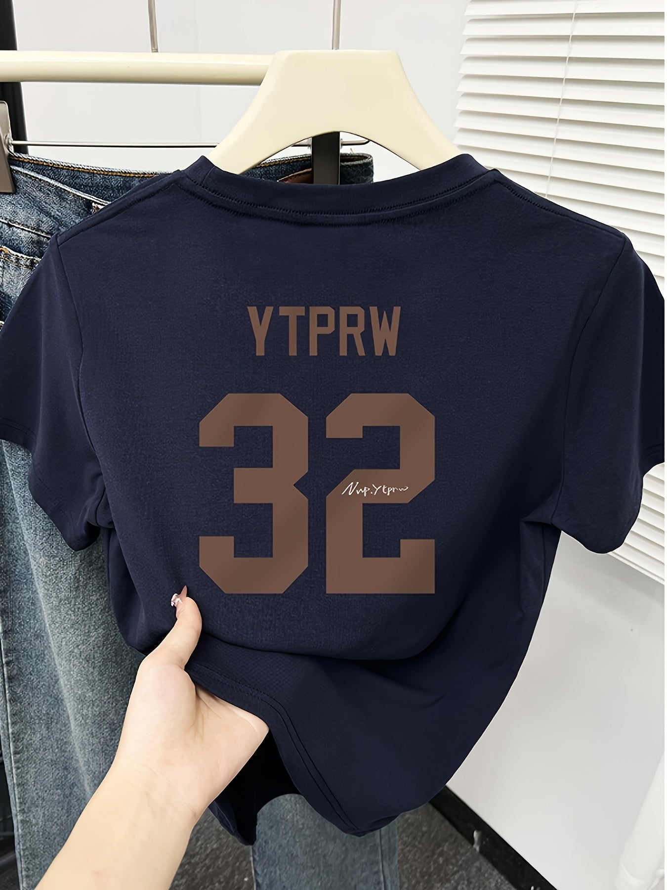 Women's Slim Fit Short Sleeve T-Shirt - Navy Blue Casual Round Neck Top with Brown '32' Letter Print, Breathable Summer Tee for Petite Women, Machine Washable Layering Essential, Versatile Clothing, Trendy Numeral Design, Smooth Texture