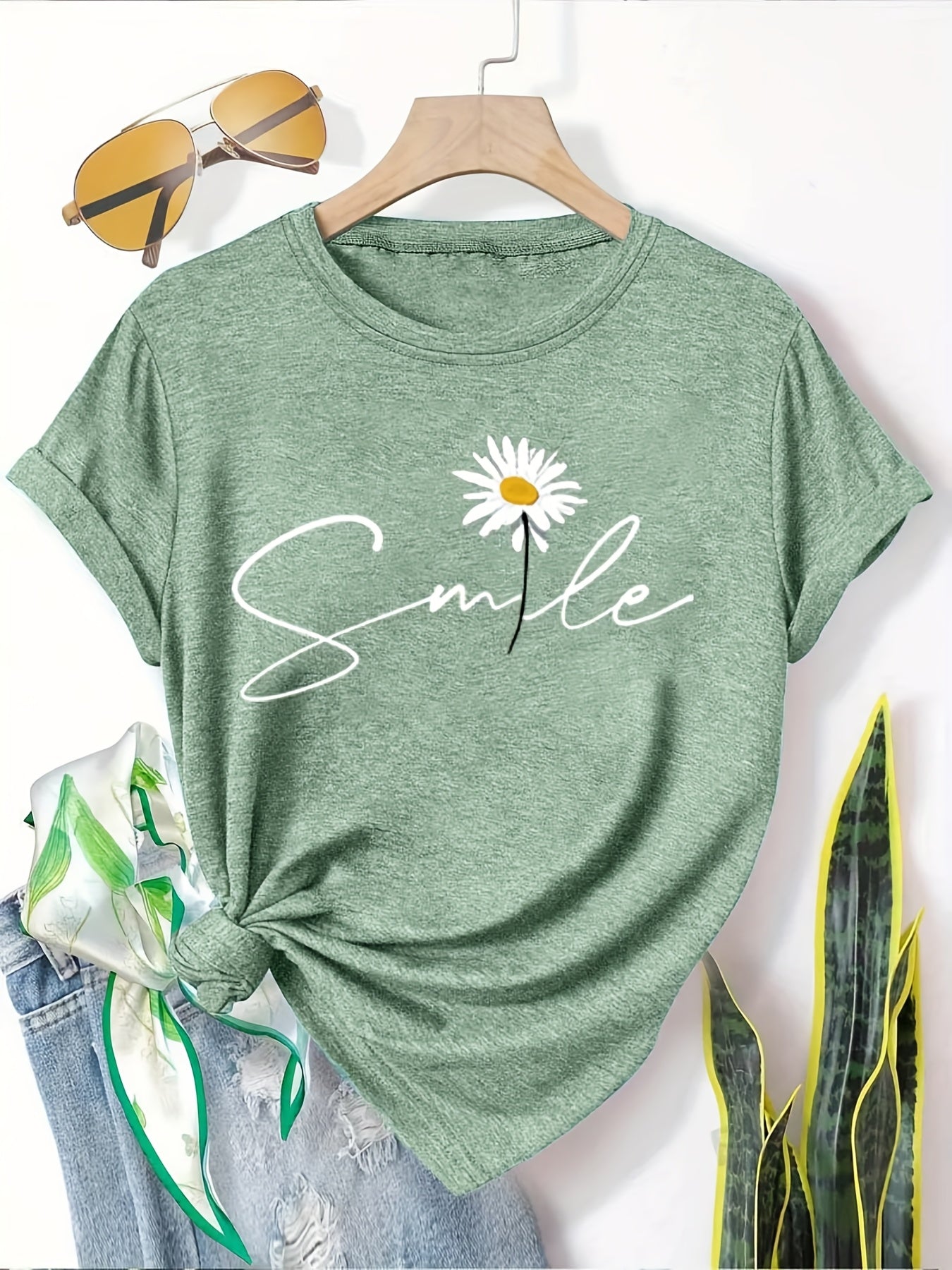 [5pcs Casual T-Shirts] 5pcs Women's Casual Short Sleeve T-Shirts | Breathable Machine-Washable Fabric, Geometric Print Tees with Dandelion, Floral & Bird Designs, 5 Color Options, Comfortable Fit, Artistic Design, Everyday Outfit, Printed Tops, Adults