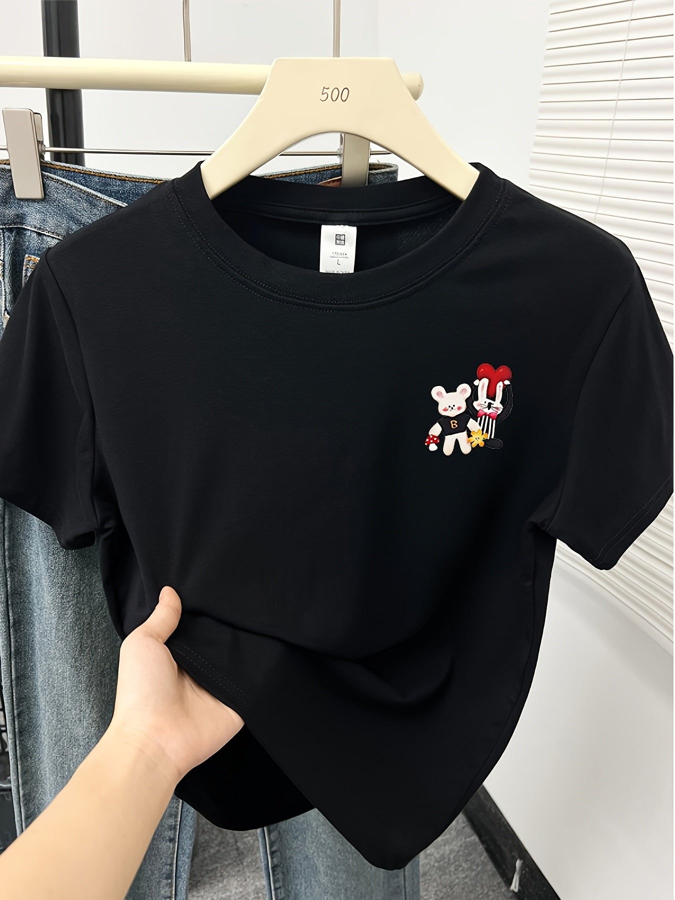 Women'S Cartoon Print T-Shirt - Short Sleeve Crew Neck, Casual Summer Top with Playful Bunny & Mushroom Design, Lightweight & Breathable for Casual Attire, Everyday Tshirt | Playful Graphic Tee | Comfortable Fit